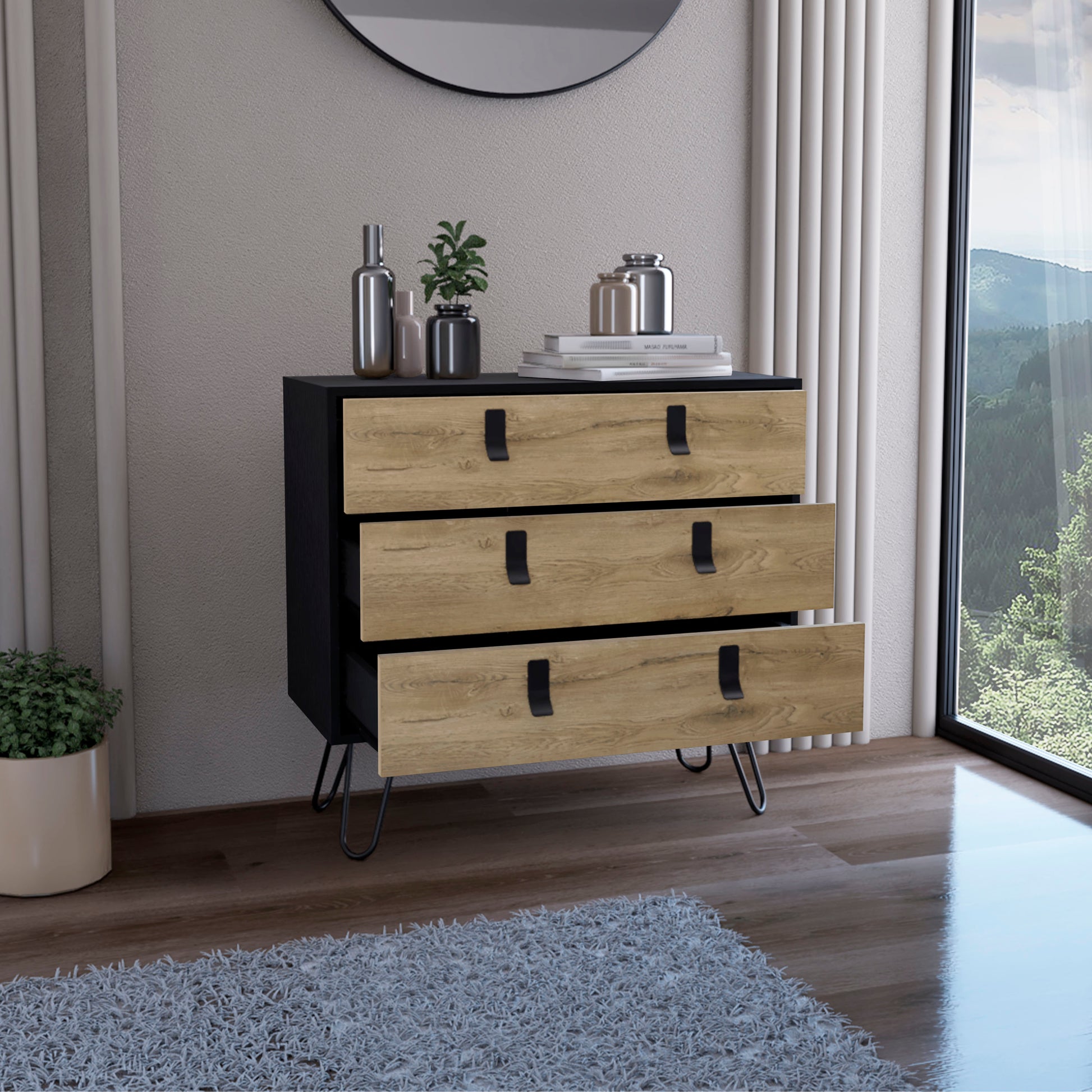 Dresser 29" H, 3 Drawer Organiser, Modern Chest Of Drawers With Hairpin Legs And Metal Accents, Black Macadamia Black Multi Particle Board Pine