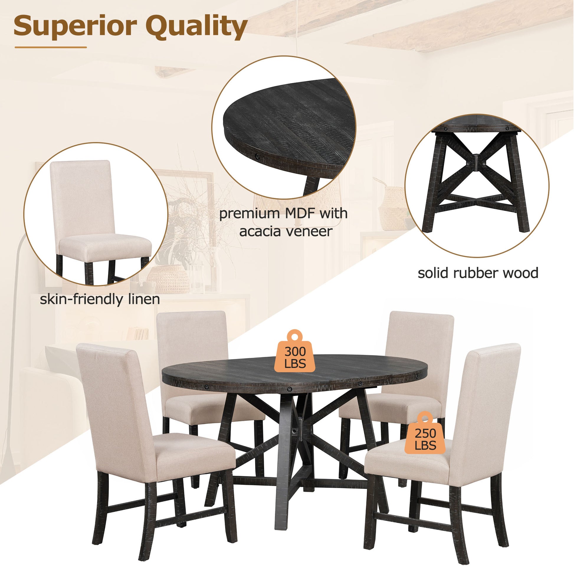 5 Piece Retro Functional Dining Set With Extendable Round Table With Removable Middle Leaf And 4 Upholstered Chairs For Dining Room And Living Room Black Black Solid Wood Mdf