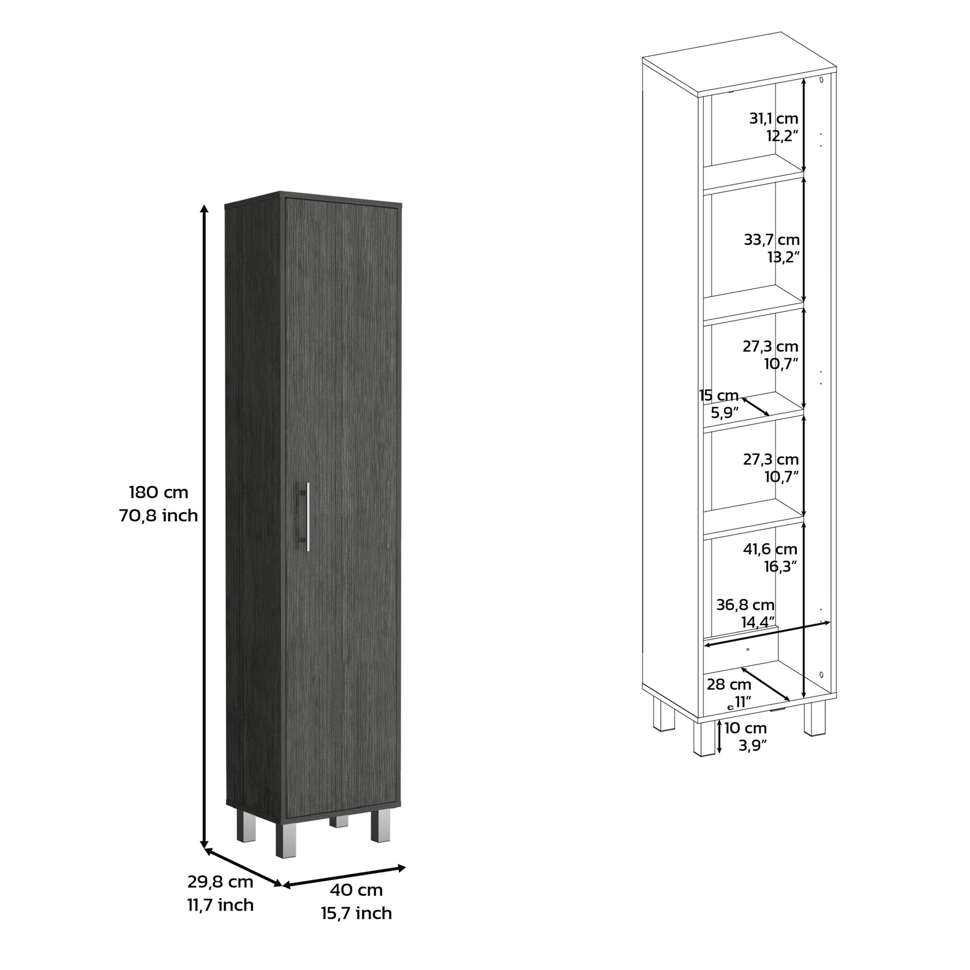 70.8H" Tall Narrow Storage Cabinet With 5 Tier Shelf, 3 Broom Hangers And Metal Hardware, Smokey Oak Oak Particle Board Pine