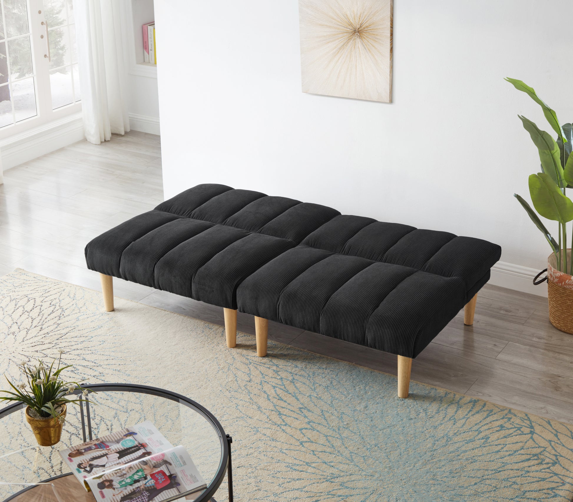 Corduroy Fabric, Wooden Legs Convertible Sofa Bed Color:Black Black Corduroy 3 Seat