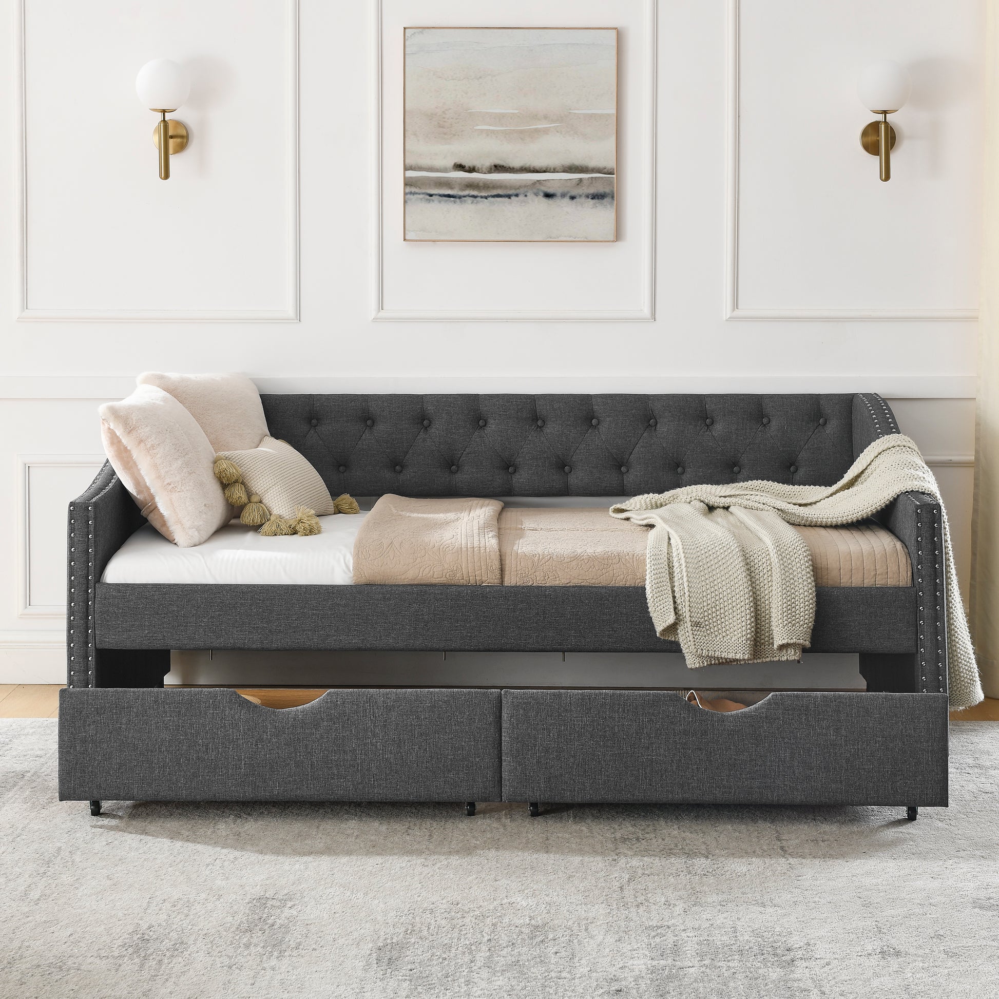 Twin Size Daybed With Drawers Upholstered Tufted Sofa Bed, With Button On Back And Copper Nail On Waved Shape Arms 81.5''X4''X30.5'' Dark Grey Linen