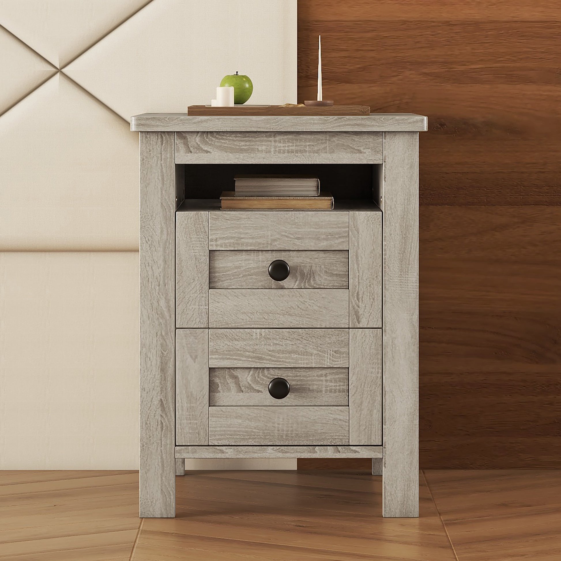 2 Drawer Farmhouse Wooden Nightstand With Well Proportioned Design And Sleek Lines, Wood Side Table With Storage Cabinet For Bedroom, Antique Gray Antique Gray Particle Board