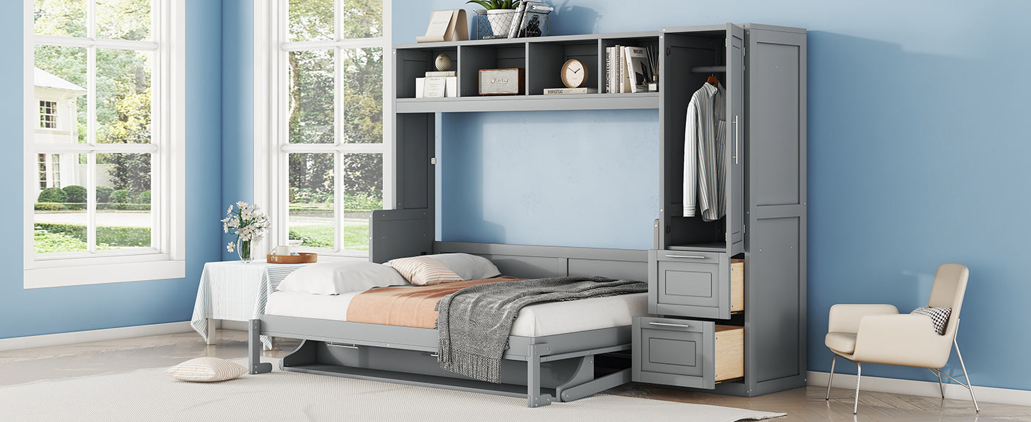 Full Size Murphy Bed Wall Bed With Closet And Drawers,Gray Gray Mdf Lvl