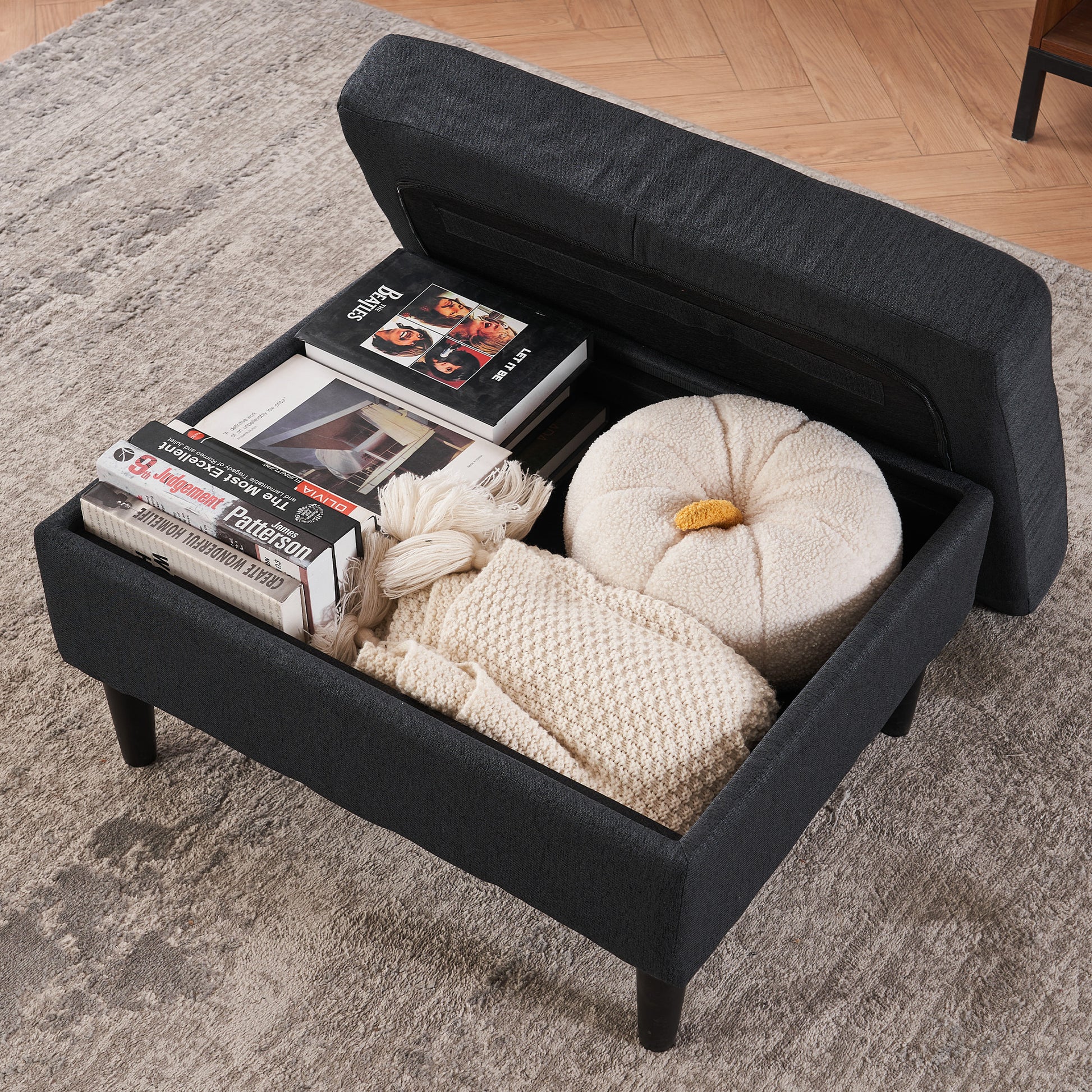 Dark Gray Upholstered Armchair And Storage Ottoman Set Comfortable Single Sofa With Cup Holders And Tufted Detailing, Ideal For Living Room Or Bedroom Dark Gray Foam Metal