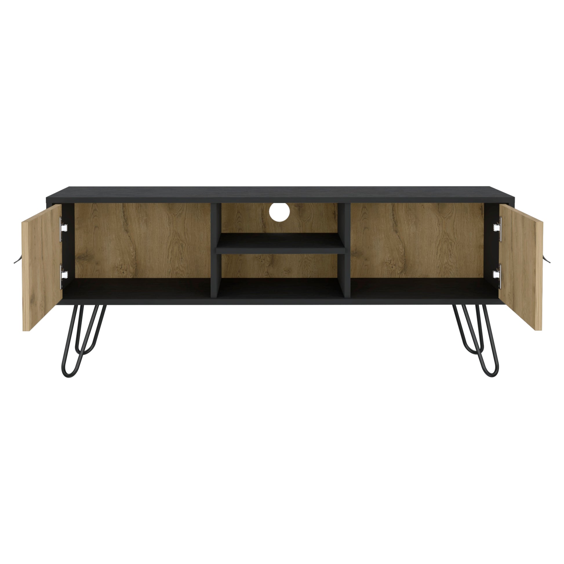 Toka Hairpin Legs Tv Rack With Media Center And 2 Door, Black Macadamia Black Multi 40 49 Inches Particle Board Pine