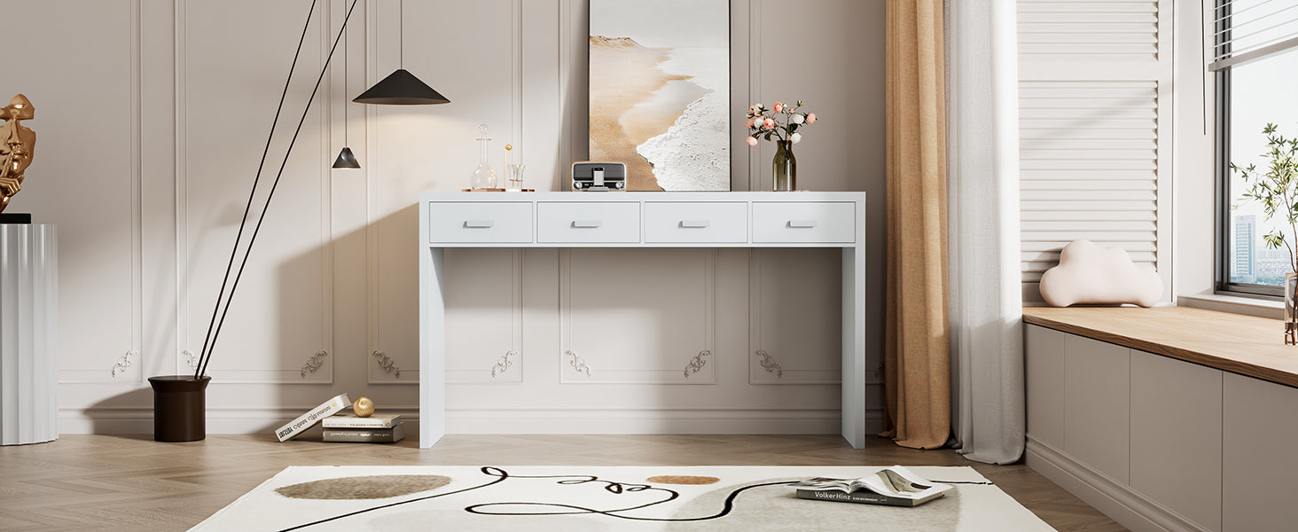 Modern Minimalist Console Table With Open Tabletop And Four Drawers With Metal Handles For Entry Way, Living Room And Dining Room White White Mdf