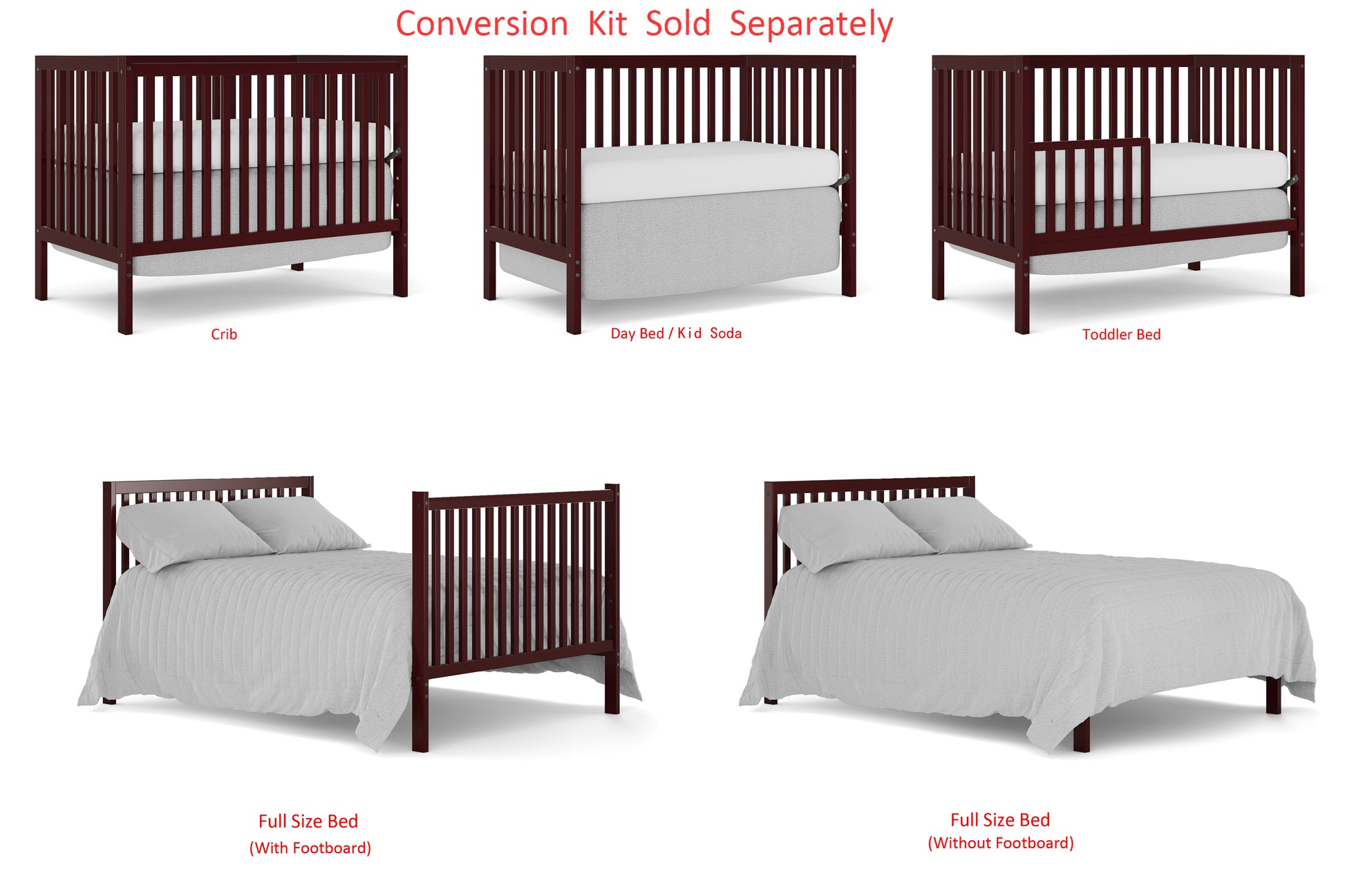 5 In 1 Convertible Crib, Converts From Baby Crib To Toddler Bed, Fits Standard Full Size Crib Mattress ,Easy To Assemble 53*29*9 Inches Cherry Cherry Classic Pine Wood