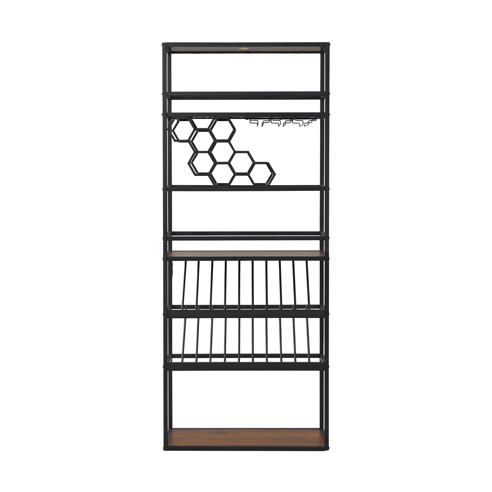 Led Tall Wine Rack Freestanding Floor, 7 Tier Wine Baker Rack With Glass Holder & Wine Storage, Industrial Wine Display Shelf Wine Bar Cabinet For Bar, Kitchen, Dining Room Walnut Black Dining Room Industrial Mdf Metal