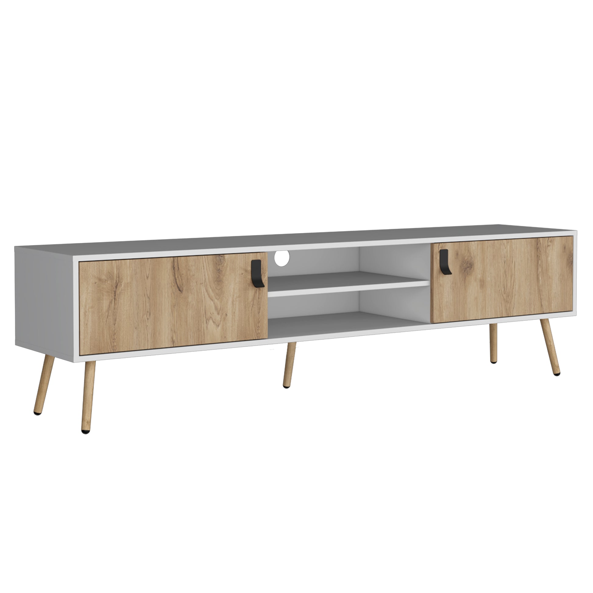 Toka Tv Rack With 2 Hinged Doors And Central Shelves, White Macadamia White Walnut 60 69 Inches Particle Board Pine