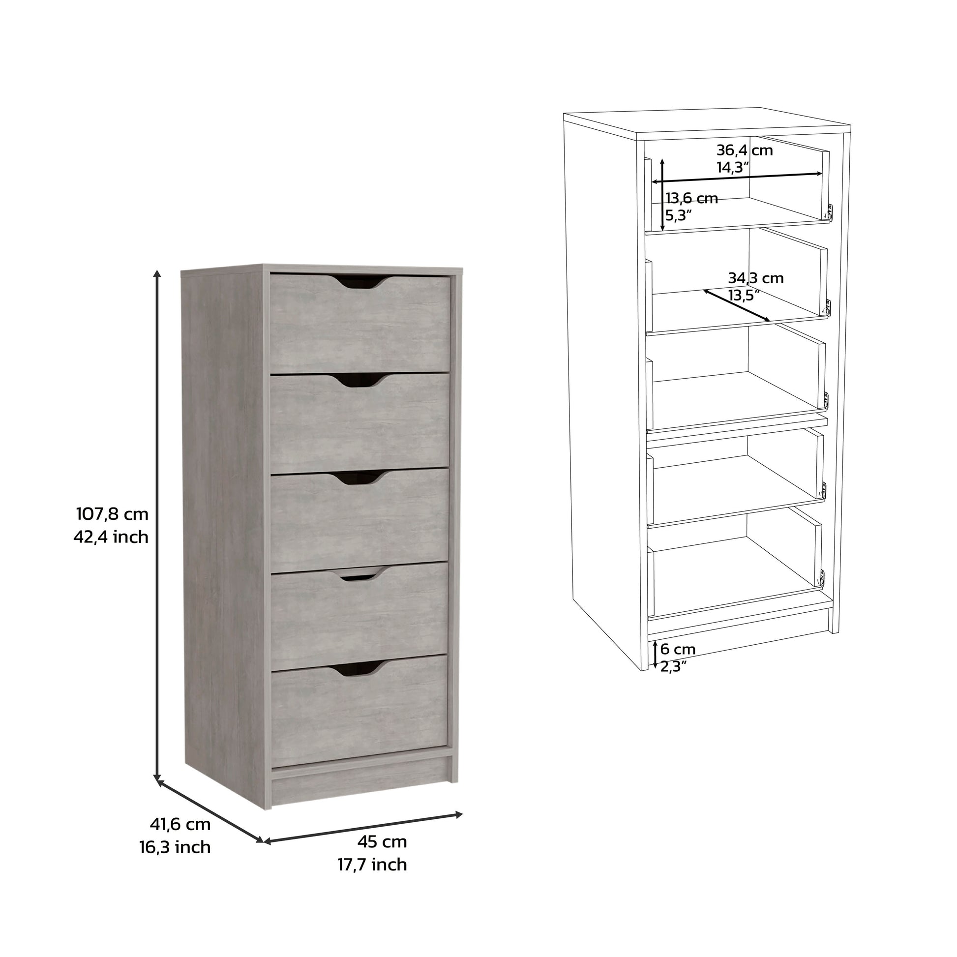 Dresser 42H" 5 Drawers Narrow Dresser, Slim Storage Chest Of Drawers, Bedroom, Concrete Gray Gray Particle Board Pine