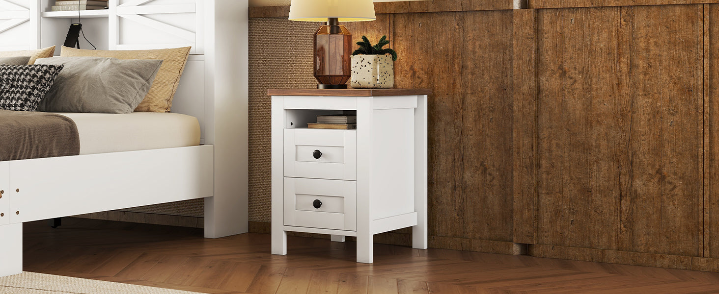 2 Drawer Farmhouse Wooden Nightstand With Well Proportioned Design And Sleek Lines, Wood Side Table With Storage Cabinet For Bedroom, White Brown White Particle Board