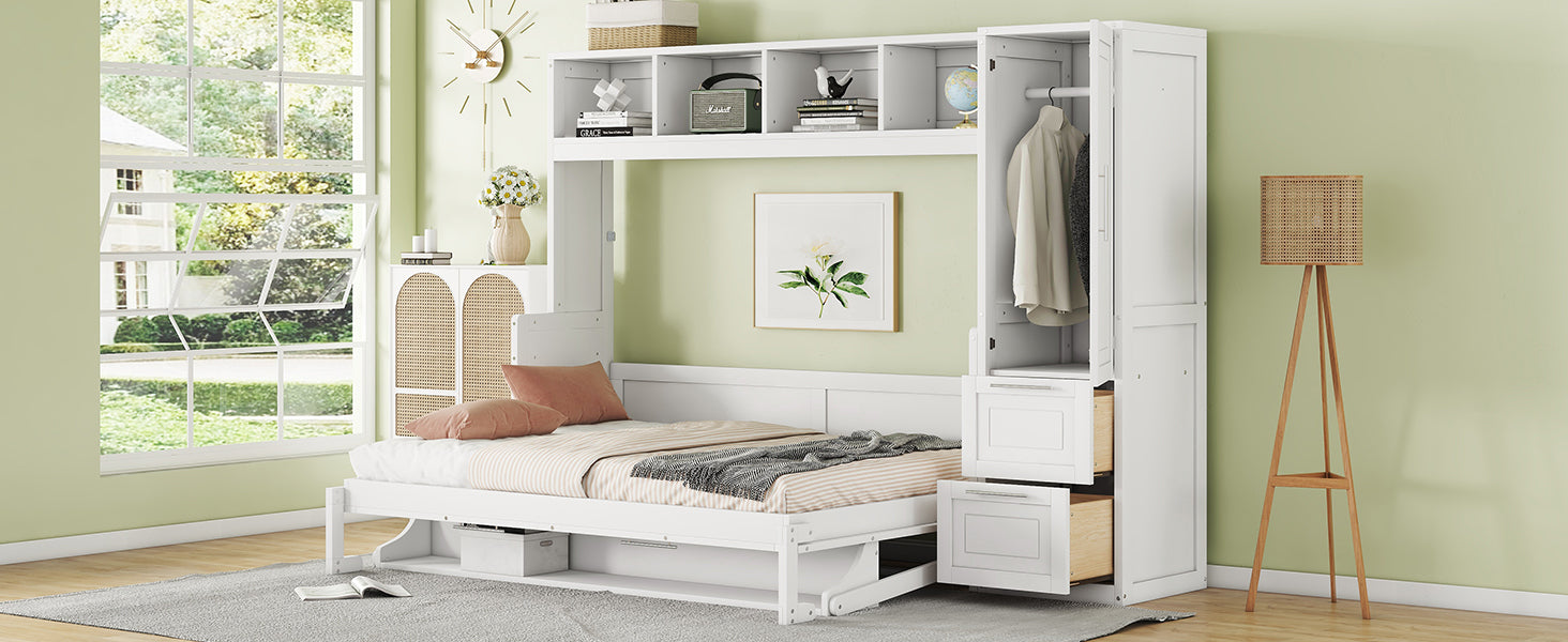 Full Size Murphy Bed Wall Bed With Closet And Drawers,White White Mdf Lvl