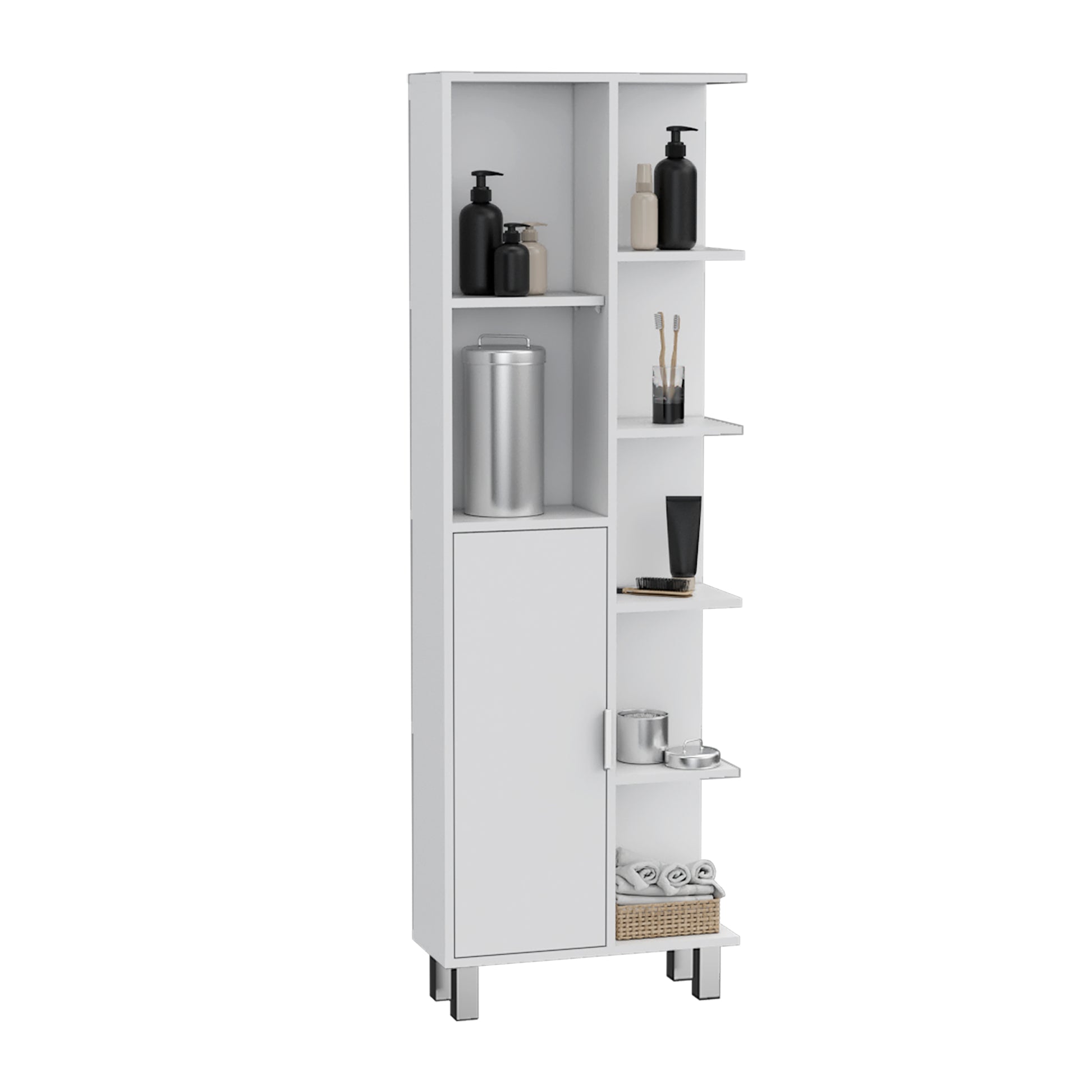 Mott 63" H Linen Bathroom Cabinet With Seven Open Shelves, One Drawer And Four Legs,White White Particle Board Pine