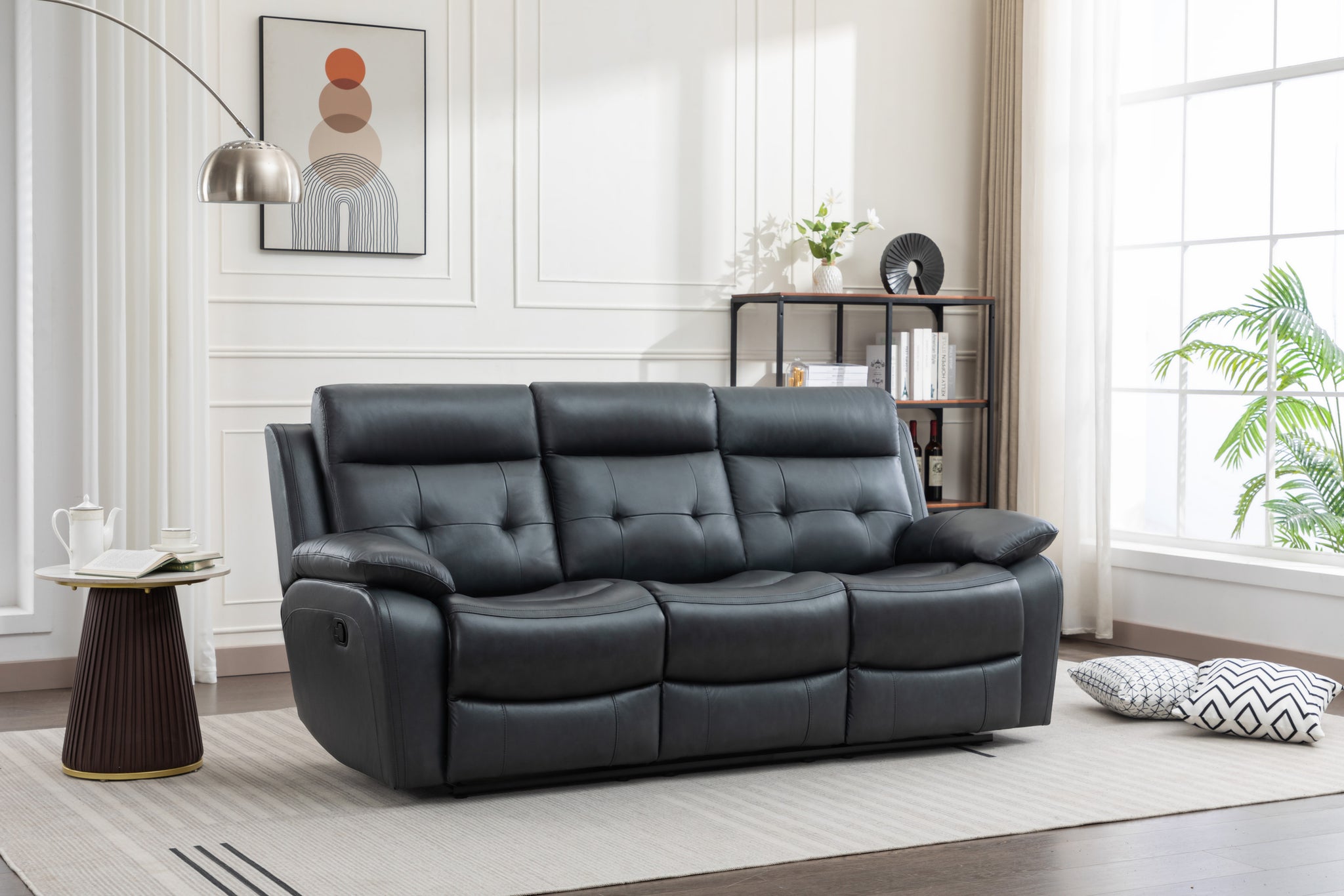 Genuine Leather Non Power Reclining Sofa with Drop light grey-blue-primary living space-american