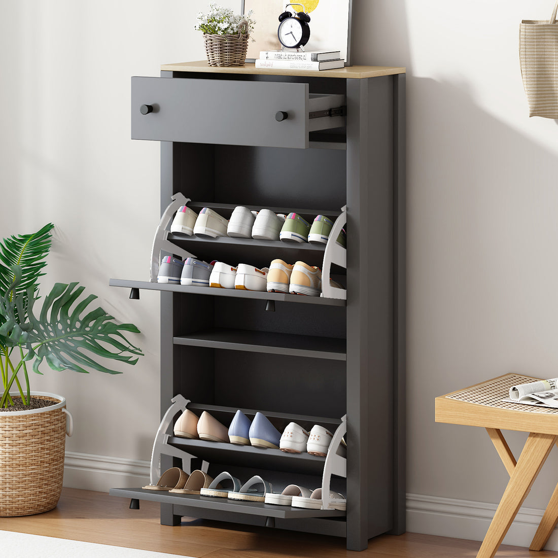 Functional Entryway Organizer With 2 Flip Drawers