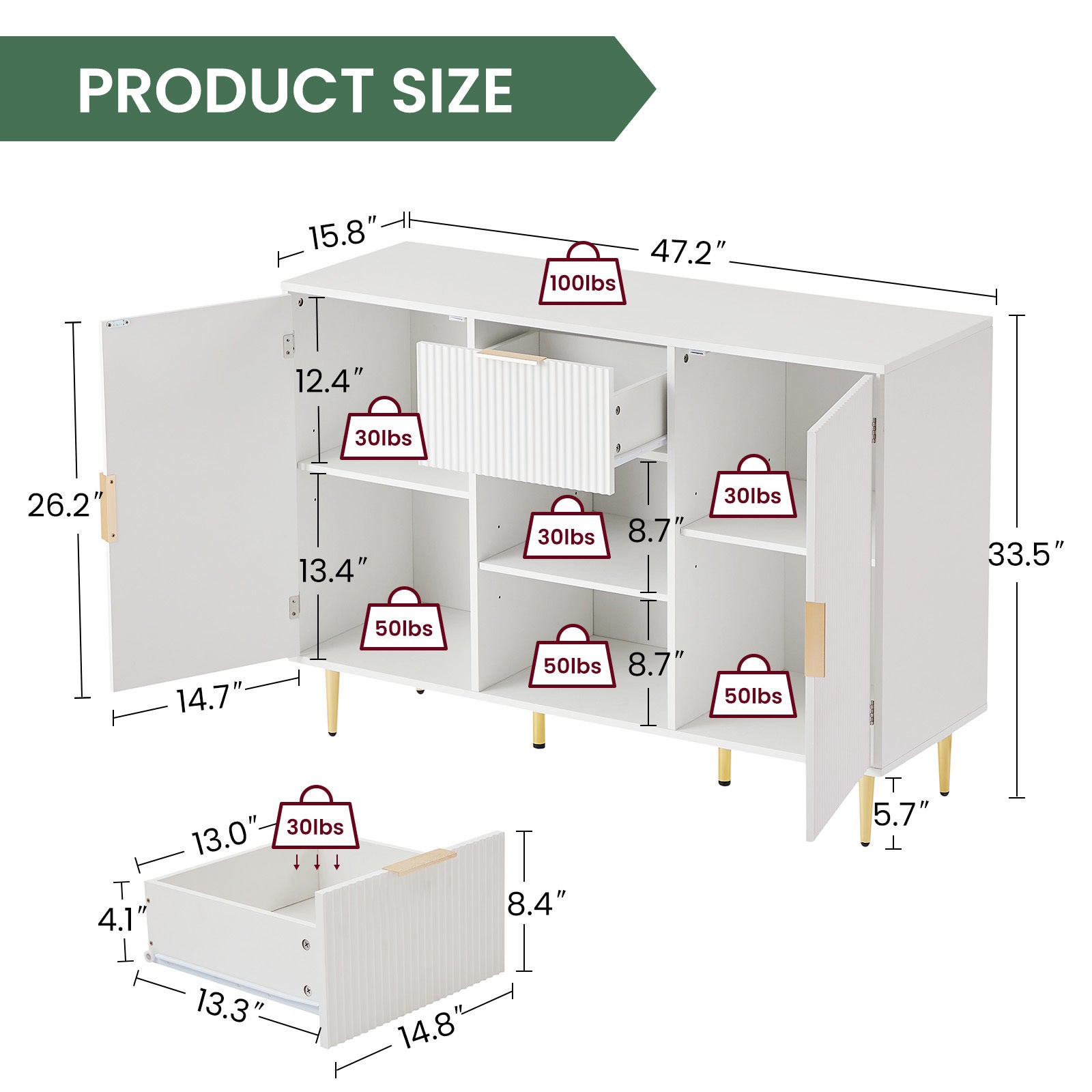 Storage Cabinet Wave Pattern 2 Door With Drawers Buffets & Sideboards For Living Room, Dining Room, Bedroomhall, White, 47.2''W X 15.8''D X 33.5''H. White Particle Board