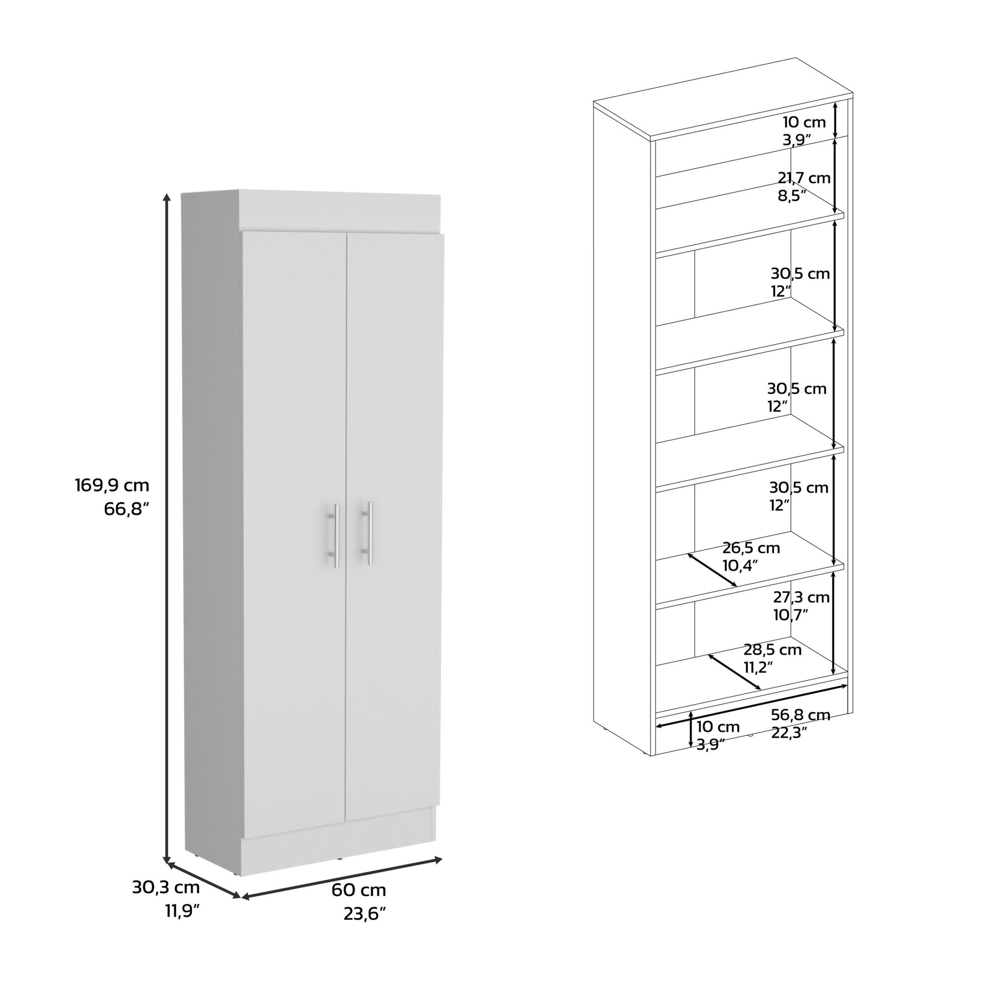 Pantry Cabinet 67" H, 5 Internal Shelves, Two Doors, White White Particle Board Pine