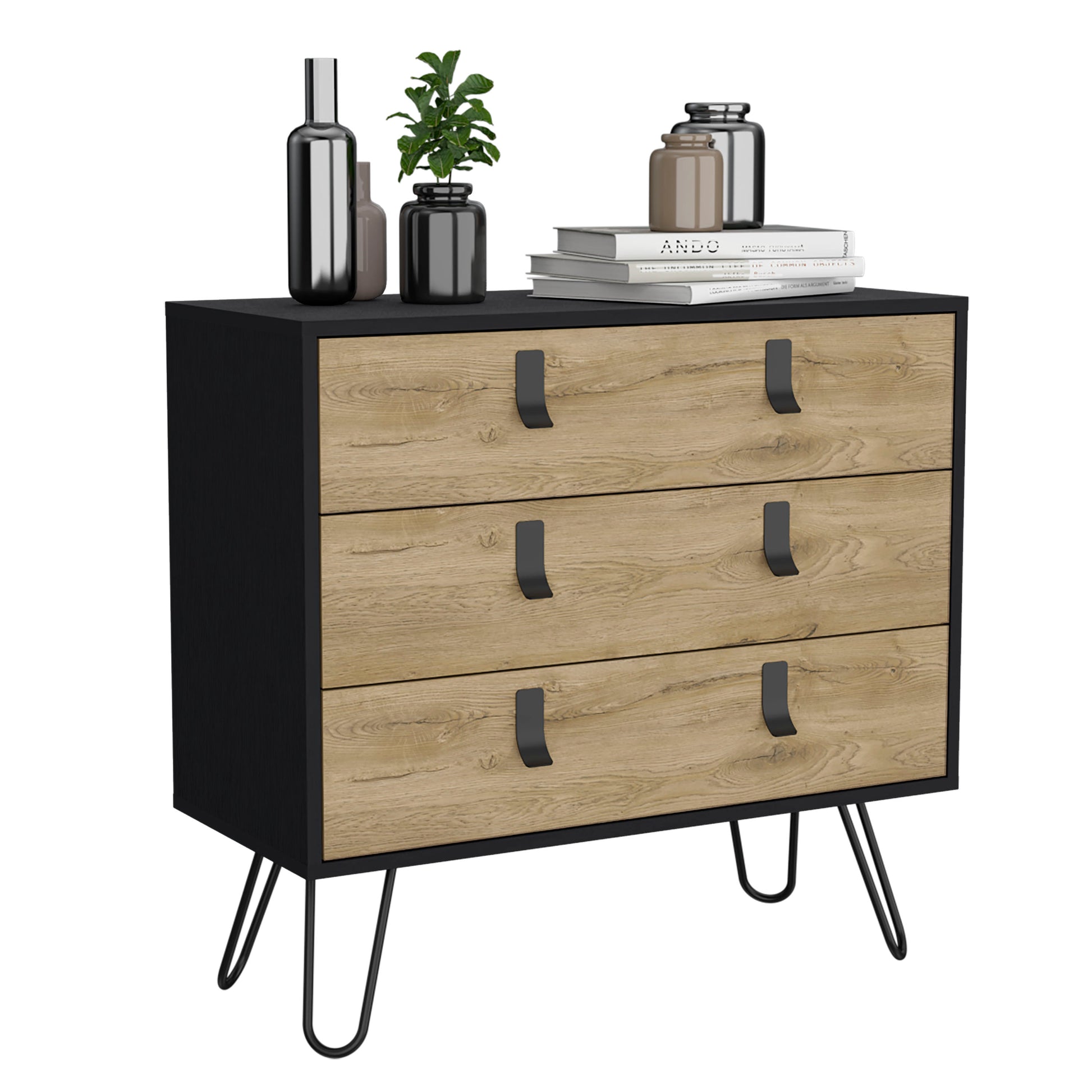 Dresser 29" H, 3 Drawer Organiser, Modern Chest Of Drawers With Hairpin Legs And Metal Accents, Black Macadamia Black Multi Particle Board Pine