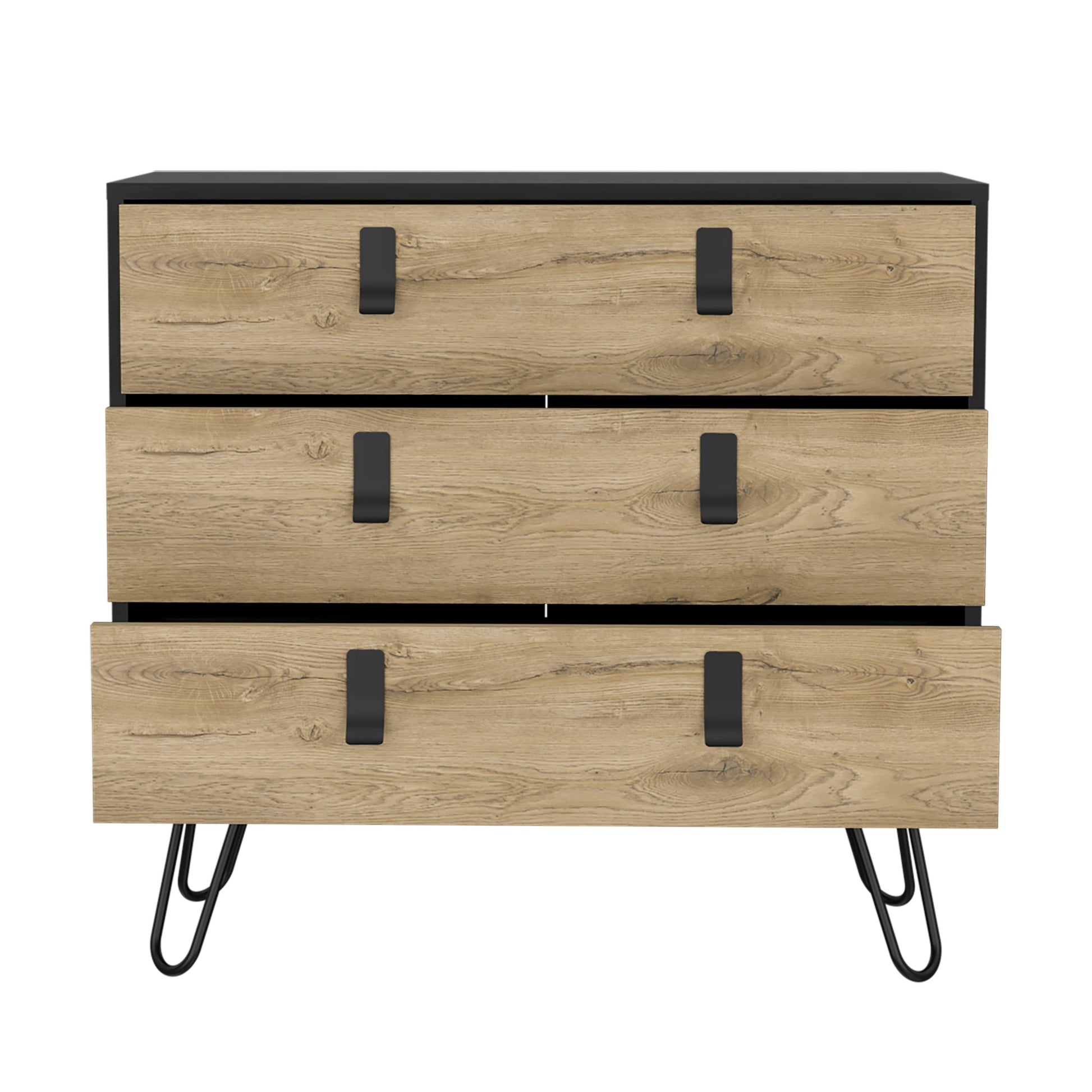 Dresser 29" H, 3 Drawer Organiser, Modern Chest Of Drawers With Hairpin Legs And Metal Accents, Black Macadamia Black Multi Particle Board Pine