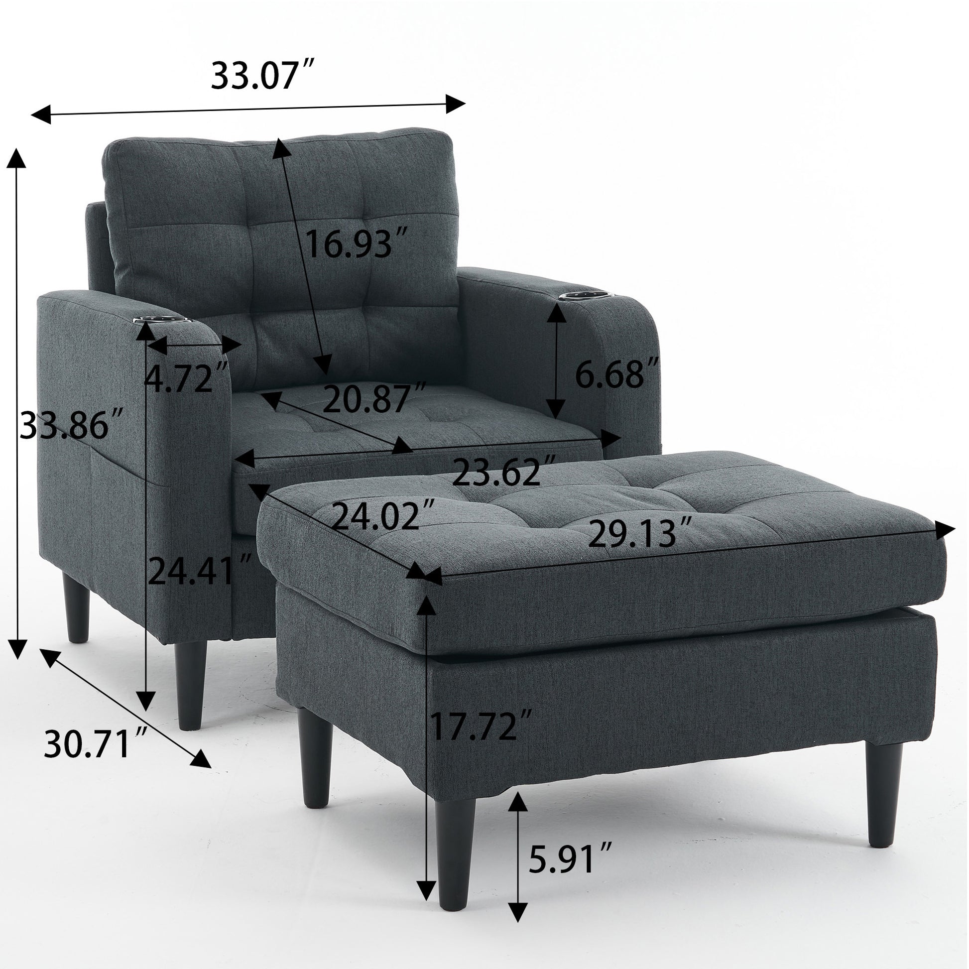 Dark Gray Upholstered Armchair And Storage Ottoman Set Comfortable Single Sofa With Cup Holders And Tufted Detailing, Ideal For Living Room Or Bedroom Dark Gray Foam Metal