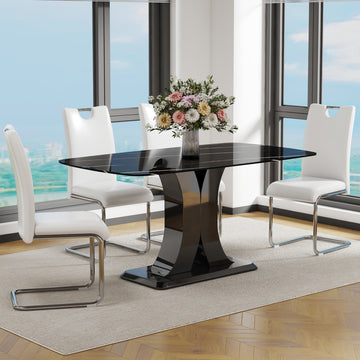 Modern Dining Table Set With Convertible Base, Luxury Rectangular Kitchen Table For 6, 5 Piece Dining Room Set With Glass Tabletop And X Shaped Legs, Dining Table & 4 Chairs Black Marble&White