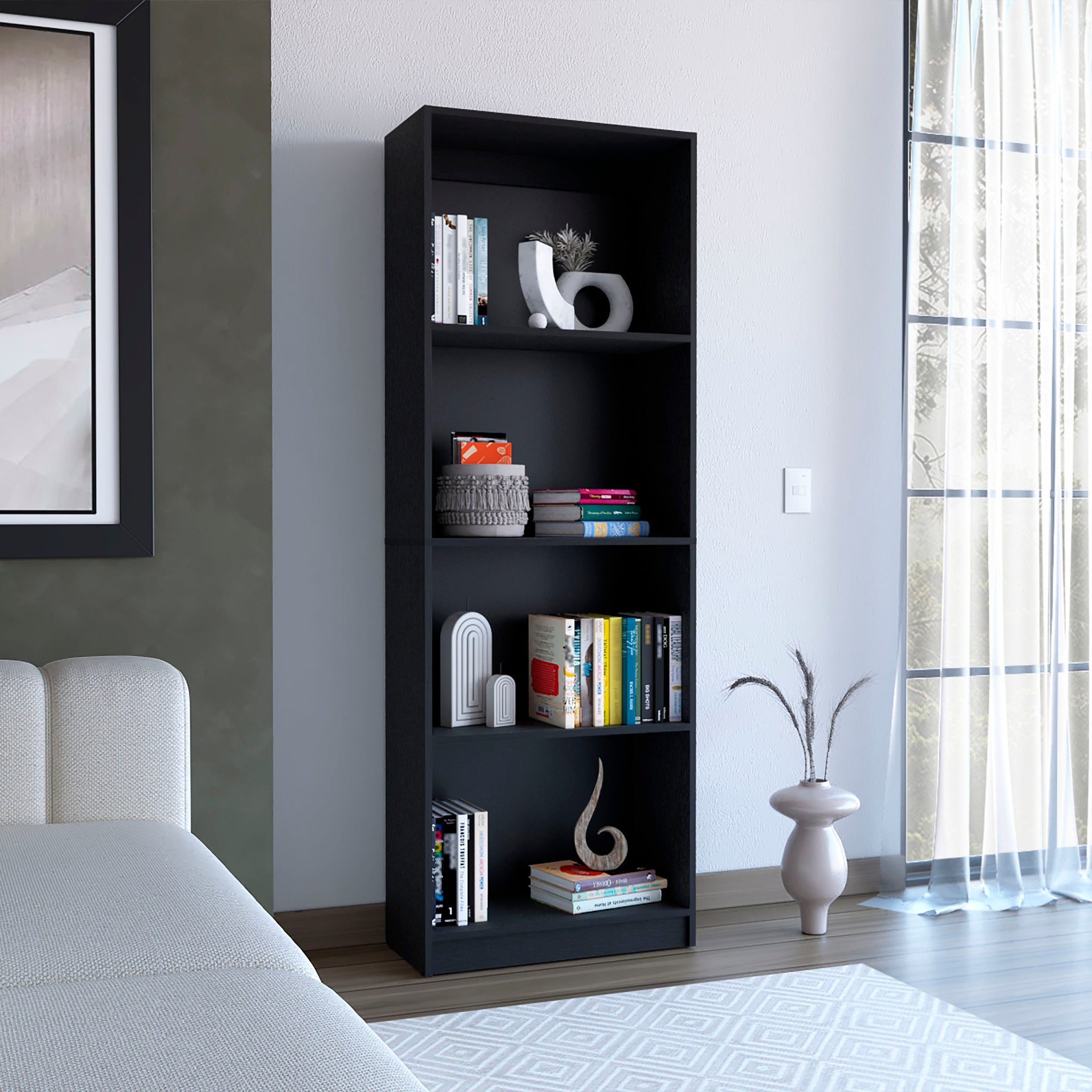 Vinton Bookcase With Spacious Tier Shelving Design, Black Black Particle Board Pine