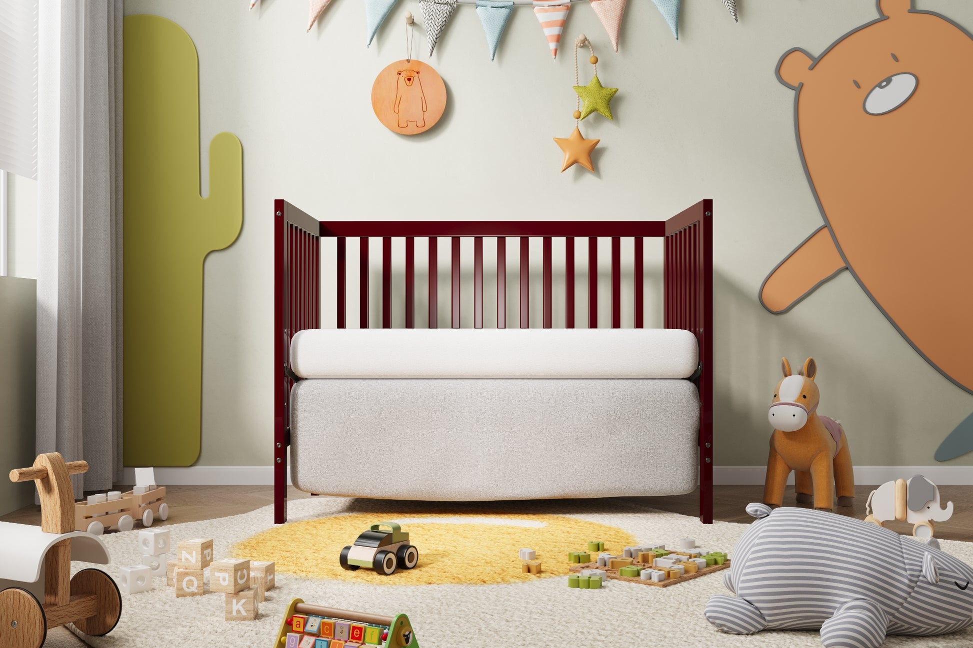 5 In 1 Convertible Crib, Converts From Baby Crib To Toddler Bed, Fits Standard Full Size Crib Mattress ,Easy To Assemble 53*29*9 Inches Cherry Cherry Classic Pine Wood