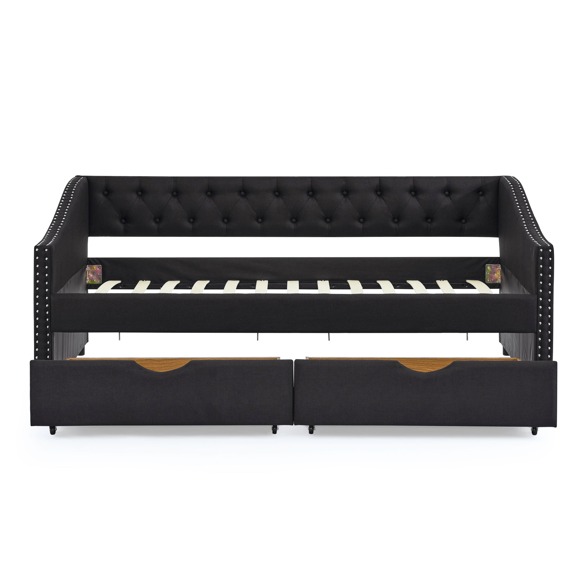 Twin Size Daybed With Drawers Upholstered Tufted Sofa Bed, With Button On Back And Copper Nail On Waved Shape Arms 81.5''X4''X30.5'' Black Linen