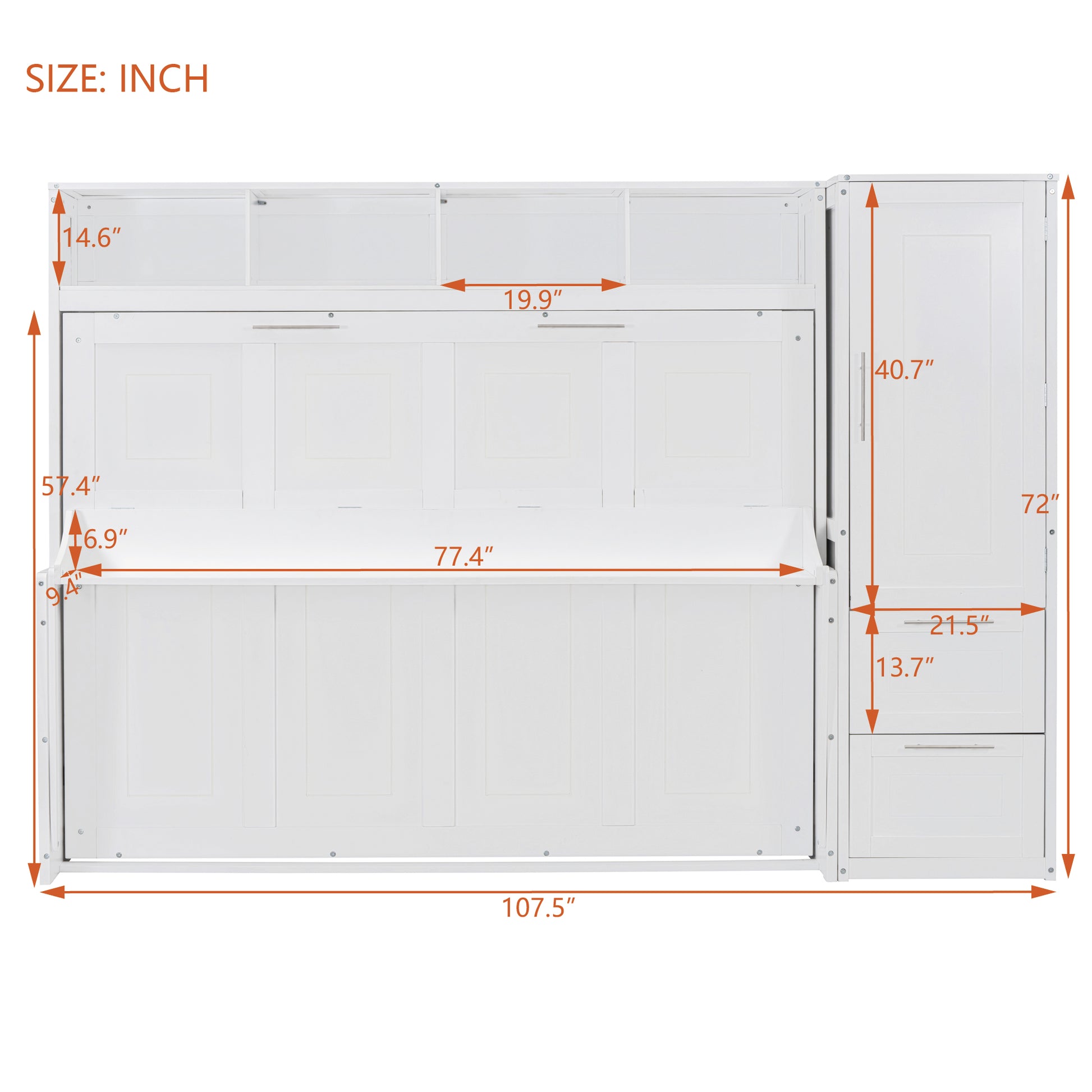 Full Size Murphy Bed Wall Bed With Closet And Drawers,White White Mdf Lvl