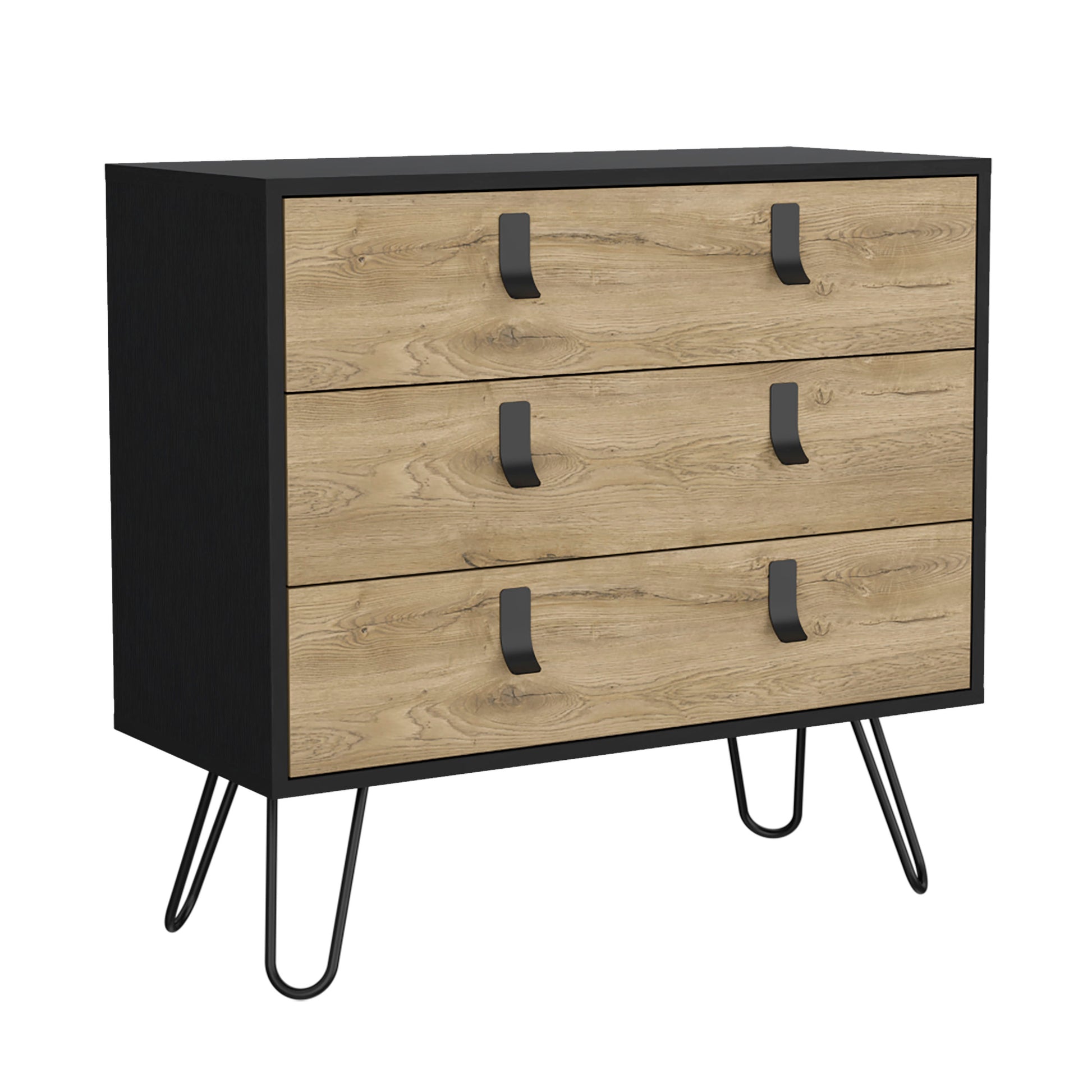 Dresser 29" H, 3 Drawer Organiser, Modern Chest Of Drawers With Hairpin Legs And Metal Accents, Black Macadamia Black Multi Particle Board Pine