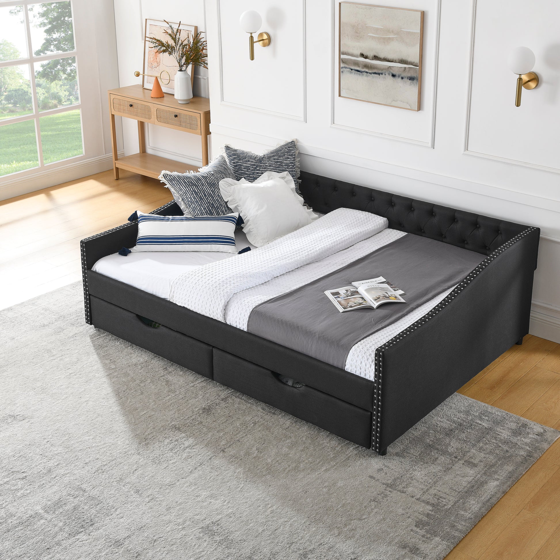 Queen Size Daybed With Drawers Upholstered Tufted Sofa Bed,With Button