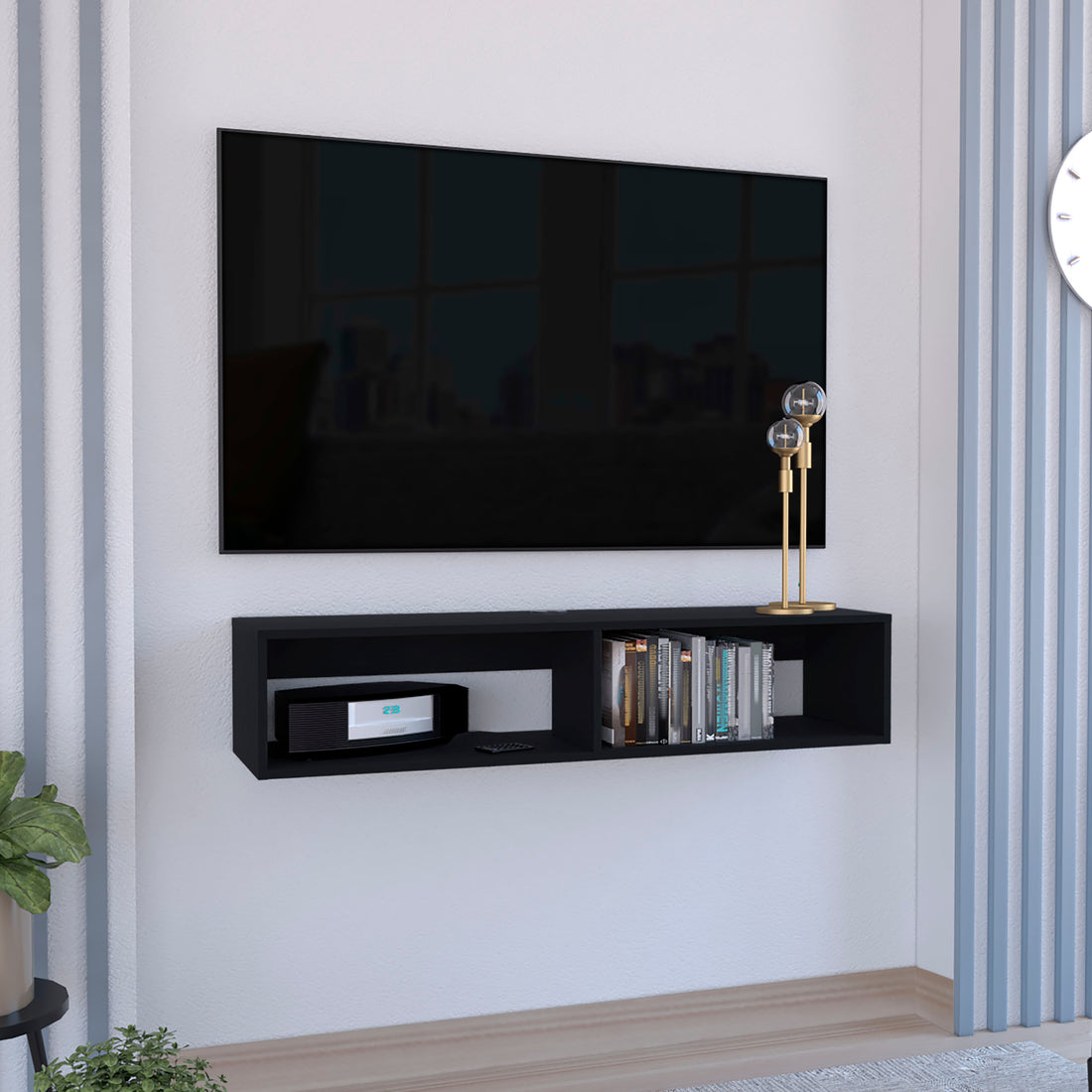 Klein Floatingtv Stand, Space Saver Design With Functional Shelves, Black Black 40 49 Inches Particle Board Pine