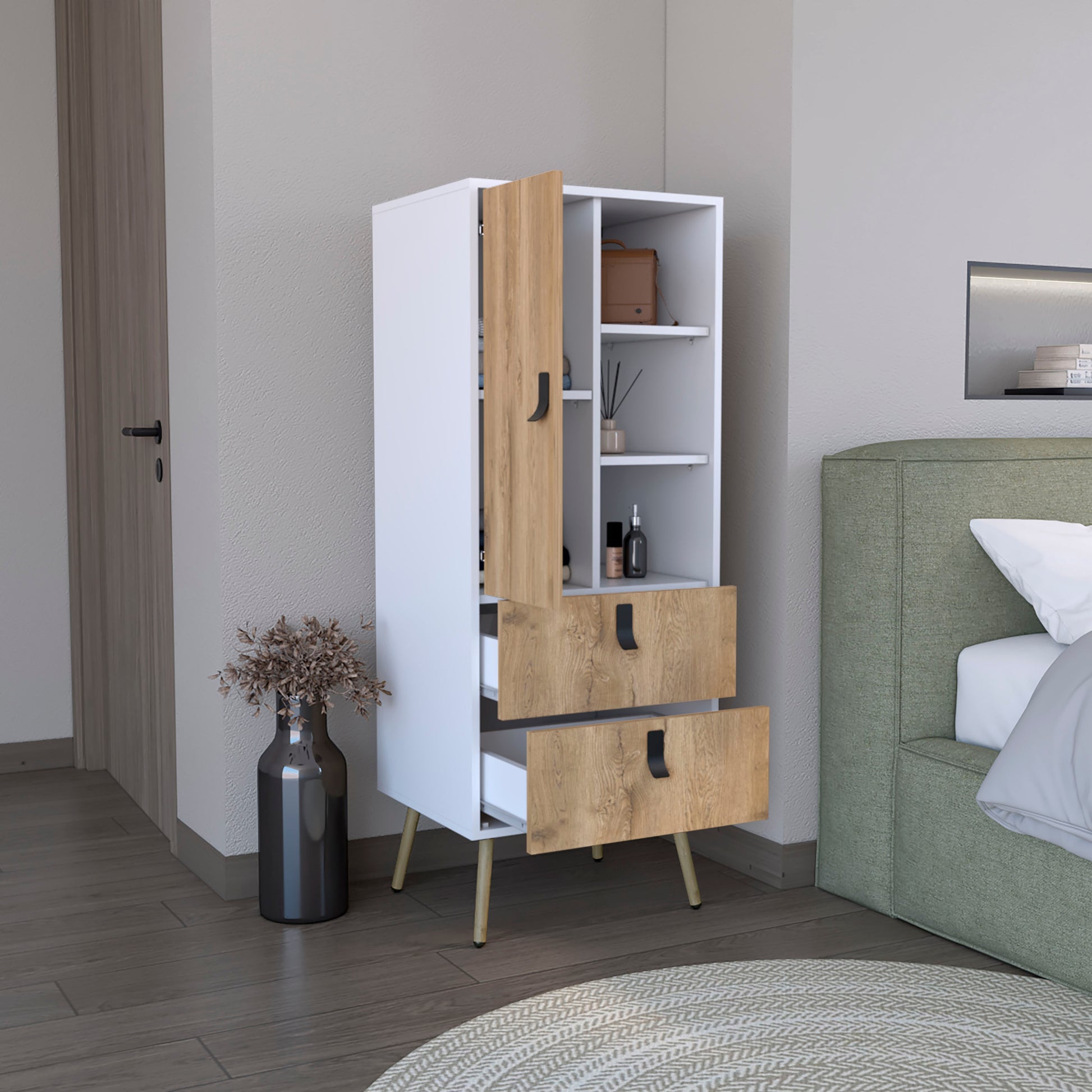 Dresser 52"H Stylish Bedroom Storage Solution With 3 Open Shelves, 2 Drawers, And 1 Door, White Macadamia White Walnut Particle Board Pine