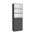 Vinton 2 Door Bookcase With Upper Shelves, Matt Gray White Multicolor Particle Board Pine