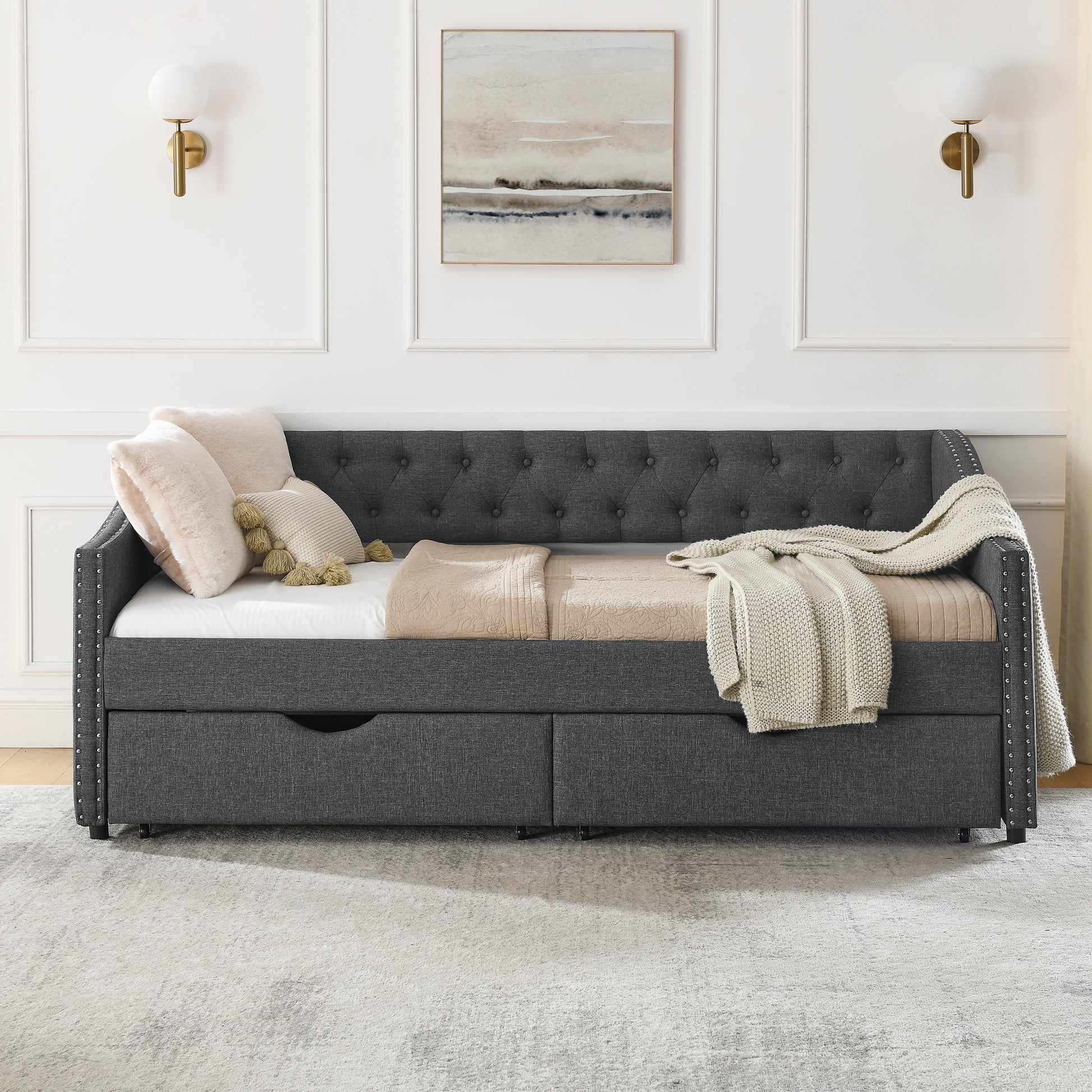 Twin Size Daybed With Drawers Upholstered Tufted Sofa Bed, With Button On Back And Copper Nail On Waved Shape Arms 81.5''X4''X30.5'' Dark Grey Linen