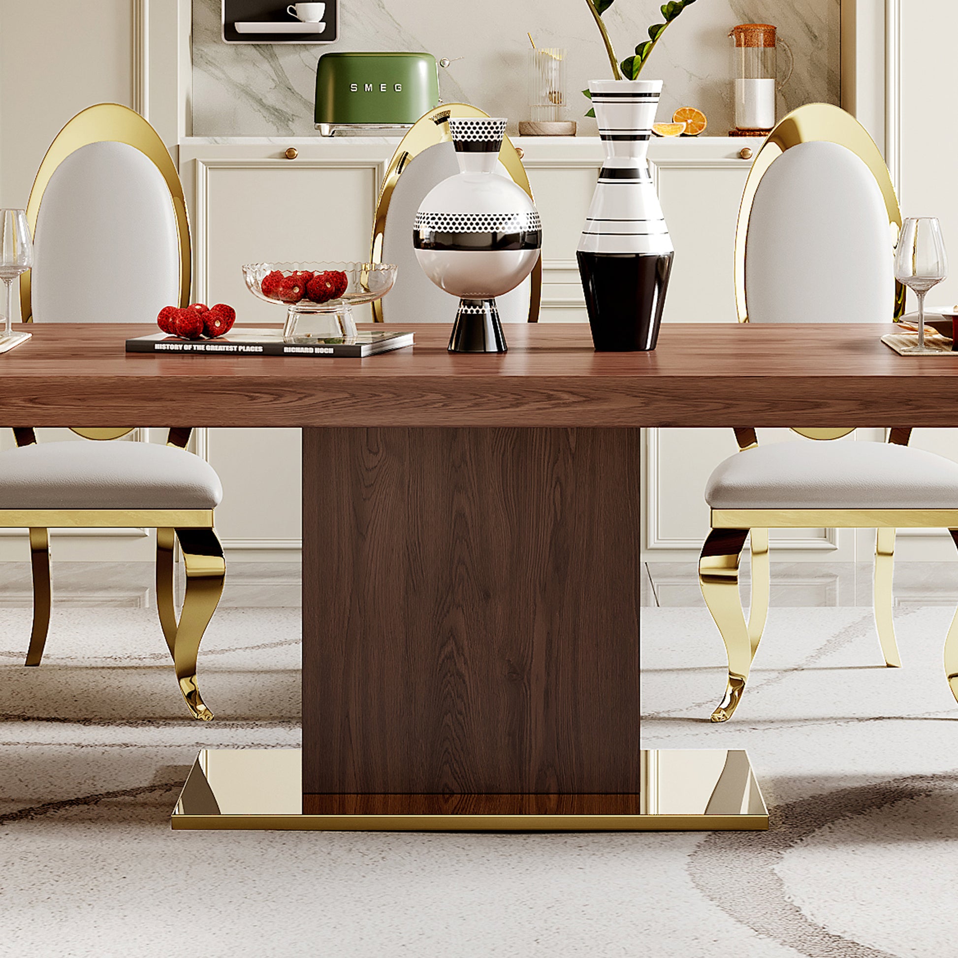 Mdf Top Dining Table With Gold Finish Corner, Mdf Pillar And Gold Finish Stainless Steel Base Walnut Brown Mdf