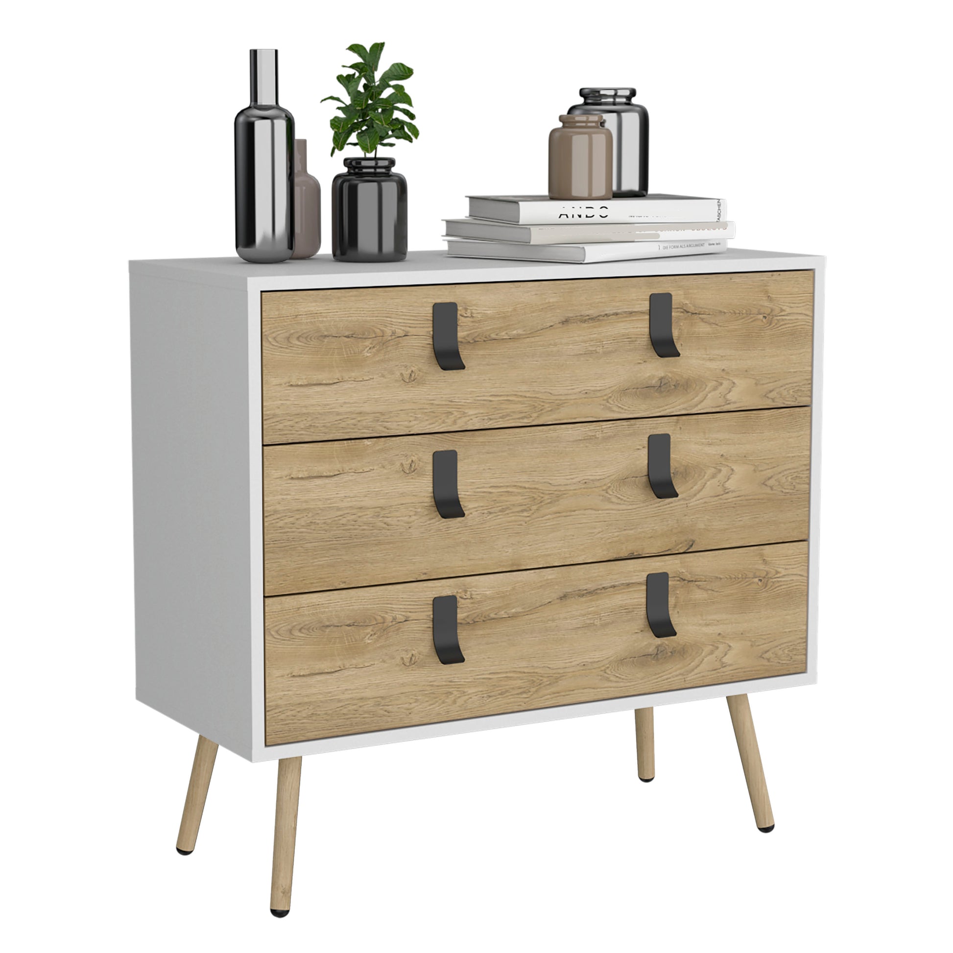 Dresser 29"H, 3 Drawers Dresser With Handles And Wooden Legs, White Macadamia White Walnut Particle Board Pine