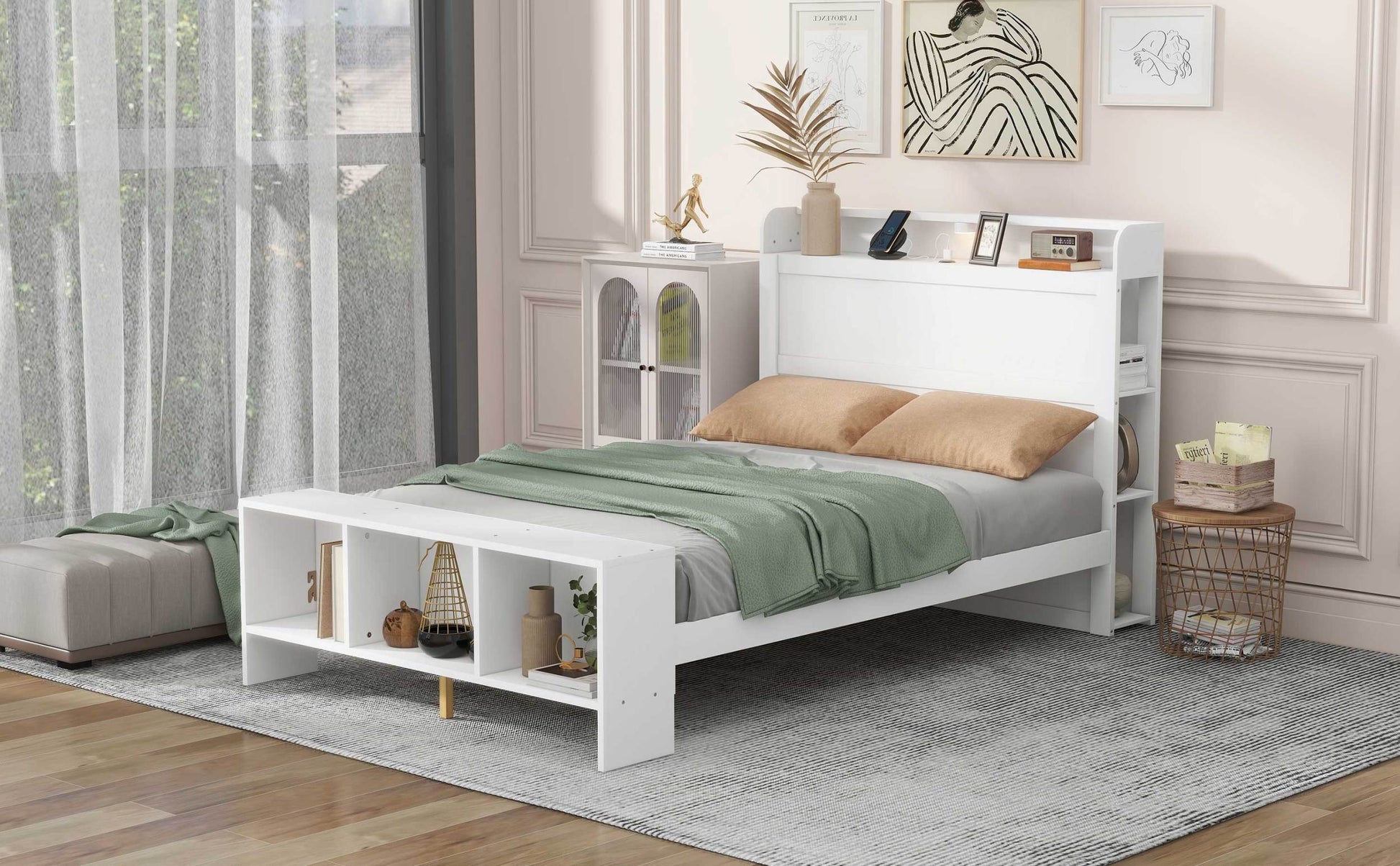Full Size Platform Bed With Built In Shelves, Led Light And Usb Ports, White White Mdf Lvl