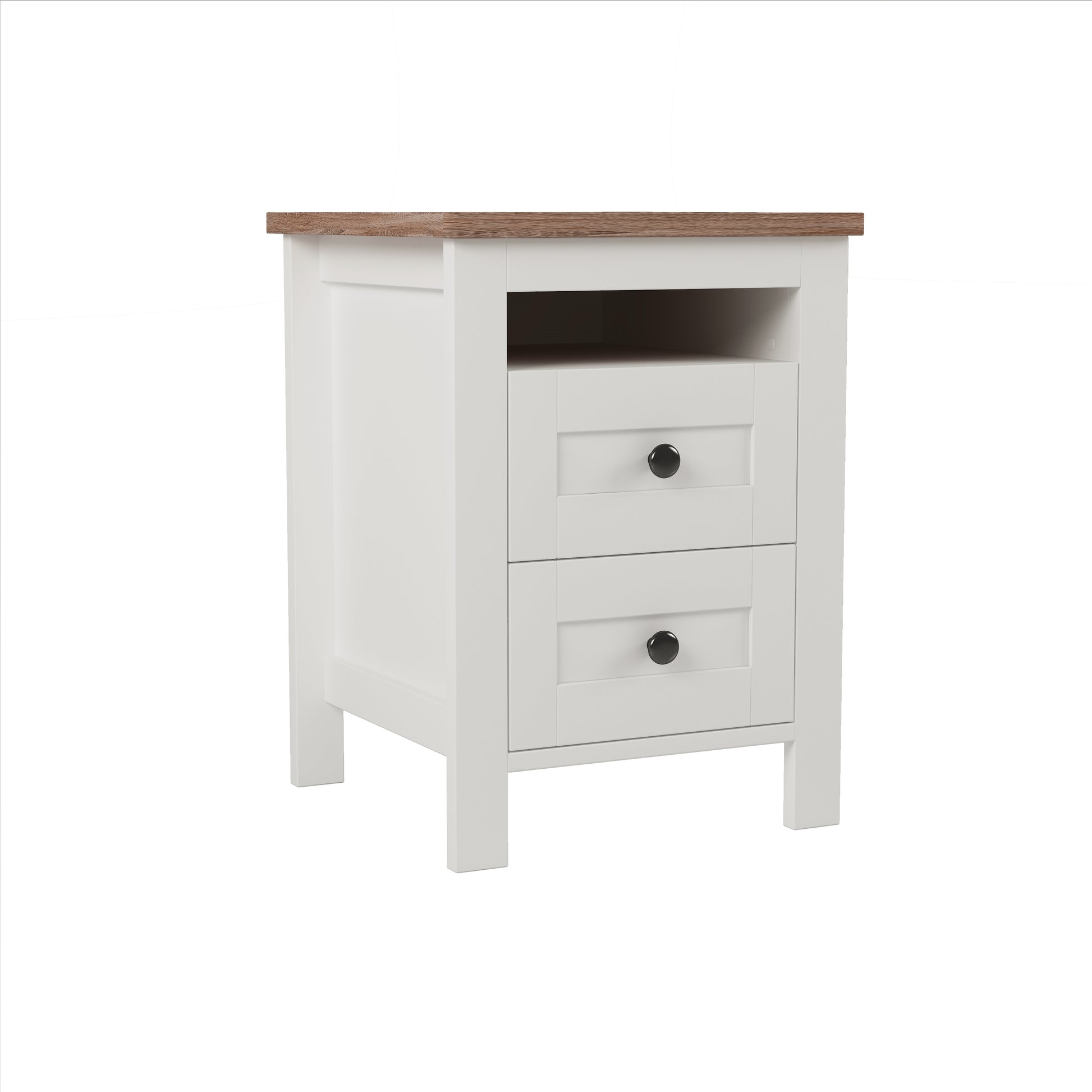 2 Drawer Farmhouse Wooden Nightstand With Well Proportioned Design And Sleek Lines, Wood Side Table With Storage Cabinet For Bedroom, White Brown White Particle Board