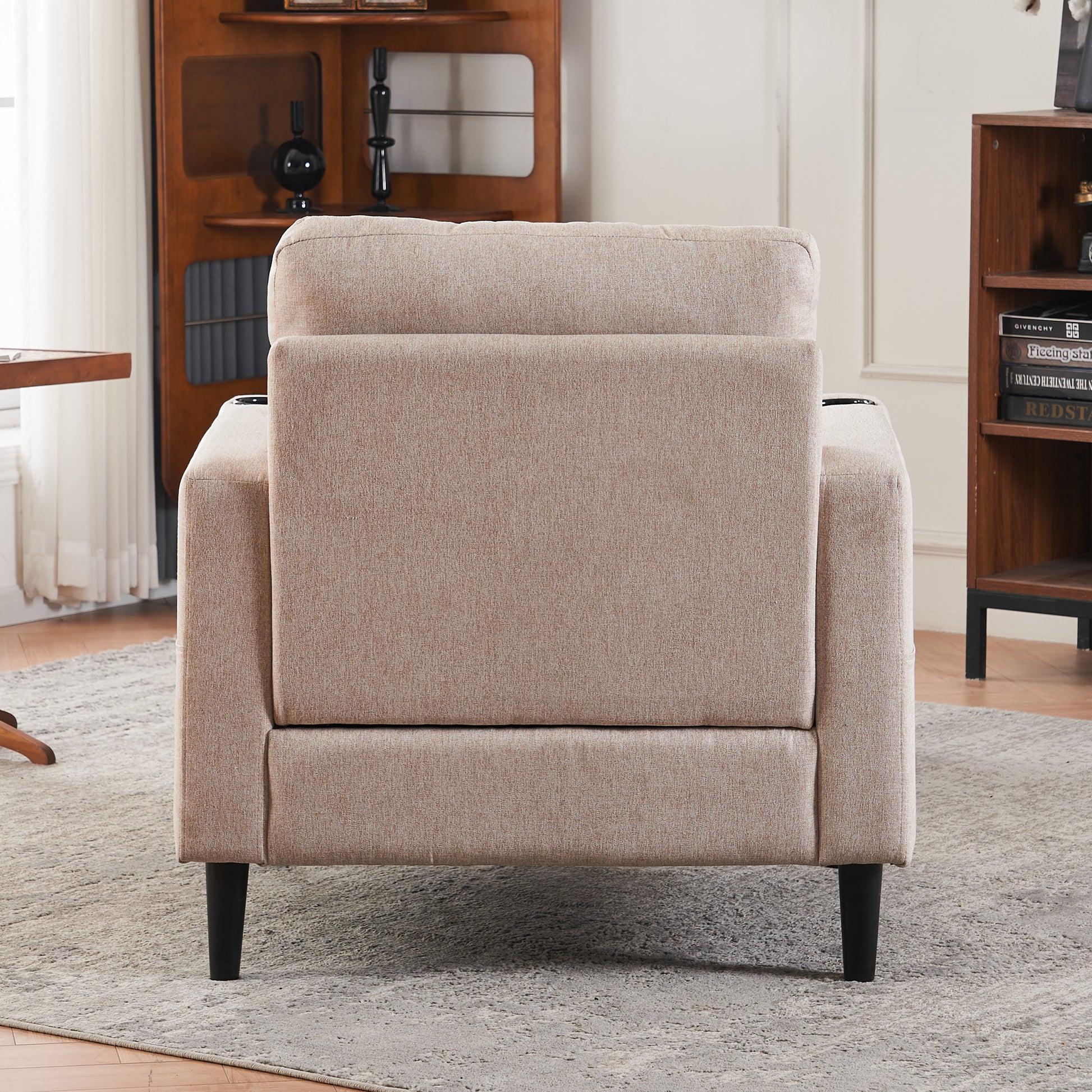 Beige Upholstered Armchair And Storage Ottoman Set Comfortable Single Sofa With Cup Holders And Tufted Detailing, Ideal For Living Room Or Bedroom Beige Metal