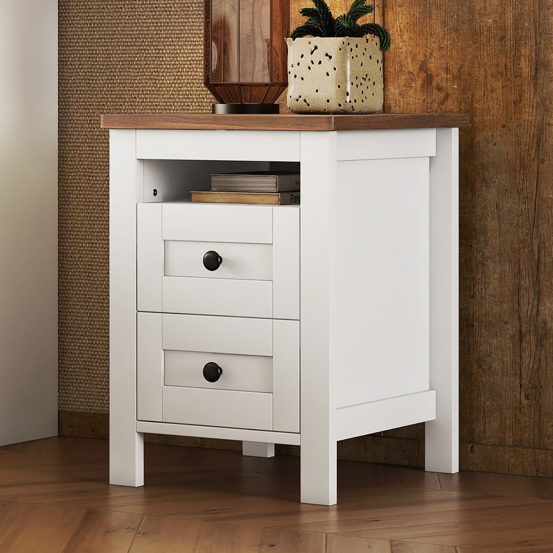 2 Drawer Farmhouse Wooden Nightstand With Well Proportioned Design And Sleek Lines, Wood Side Table With Storage Cabinet For Bedroom, White Brown White Particle Board