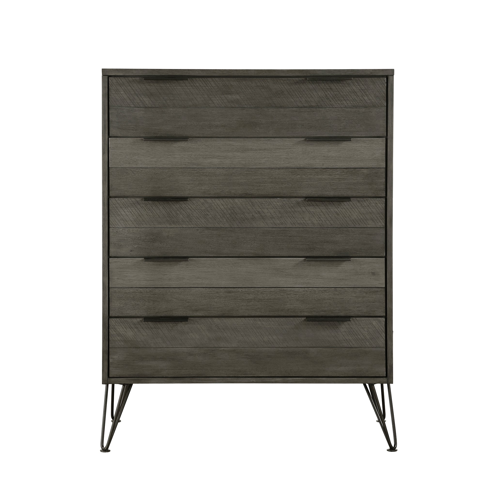 Contemporary Three Tone Gray Finish Chest Of Drawers Perched Atop Metal Legs Acacia Veneer Modern Bedroom Furniture Gray Bedroom Wood