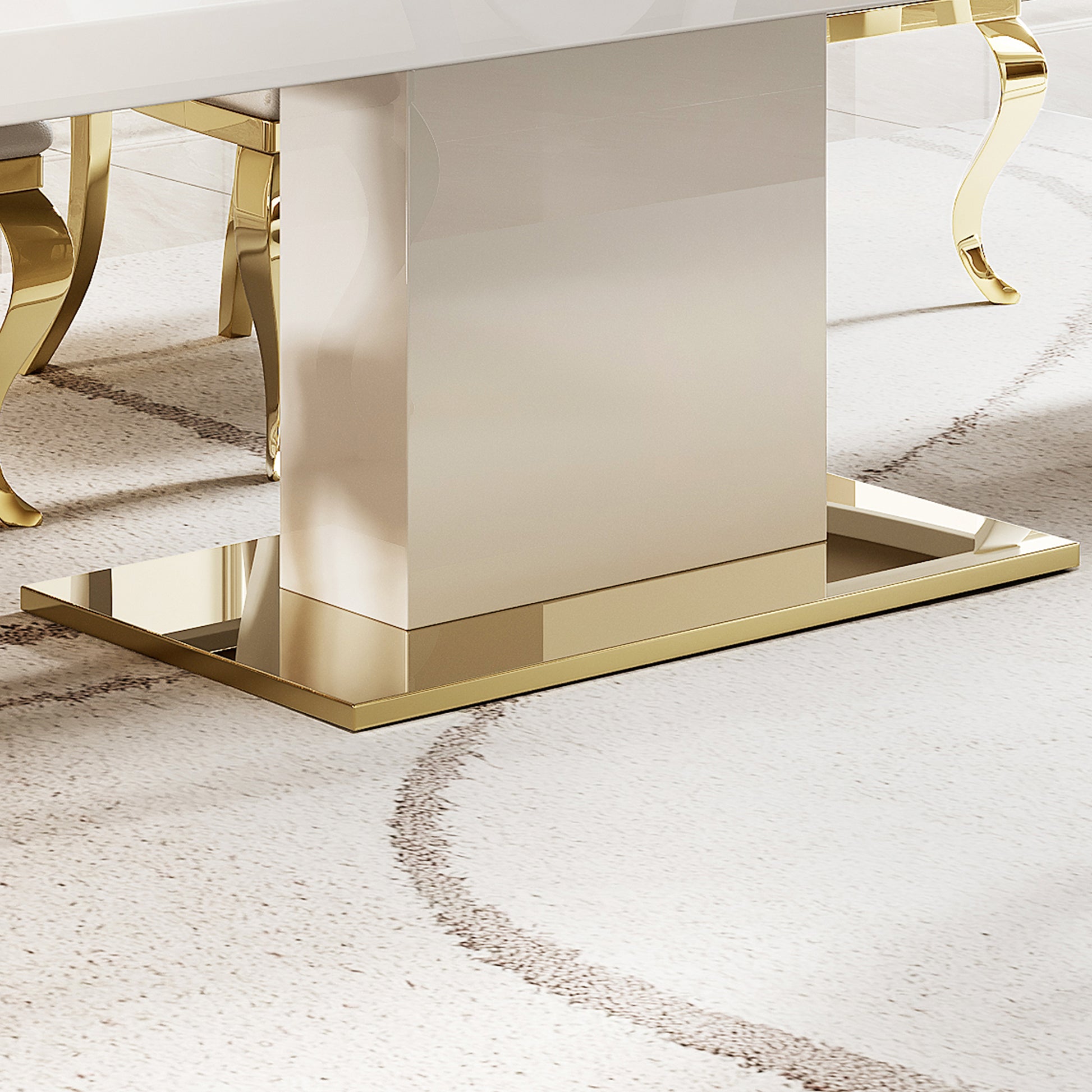 Mdf Top Dining Table With Gold Finish Corner, Mdf Pillar And Gold Finish Stainless Steel Base White Mdf