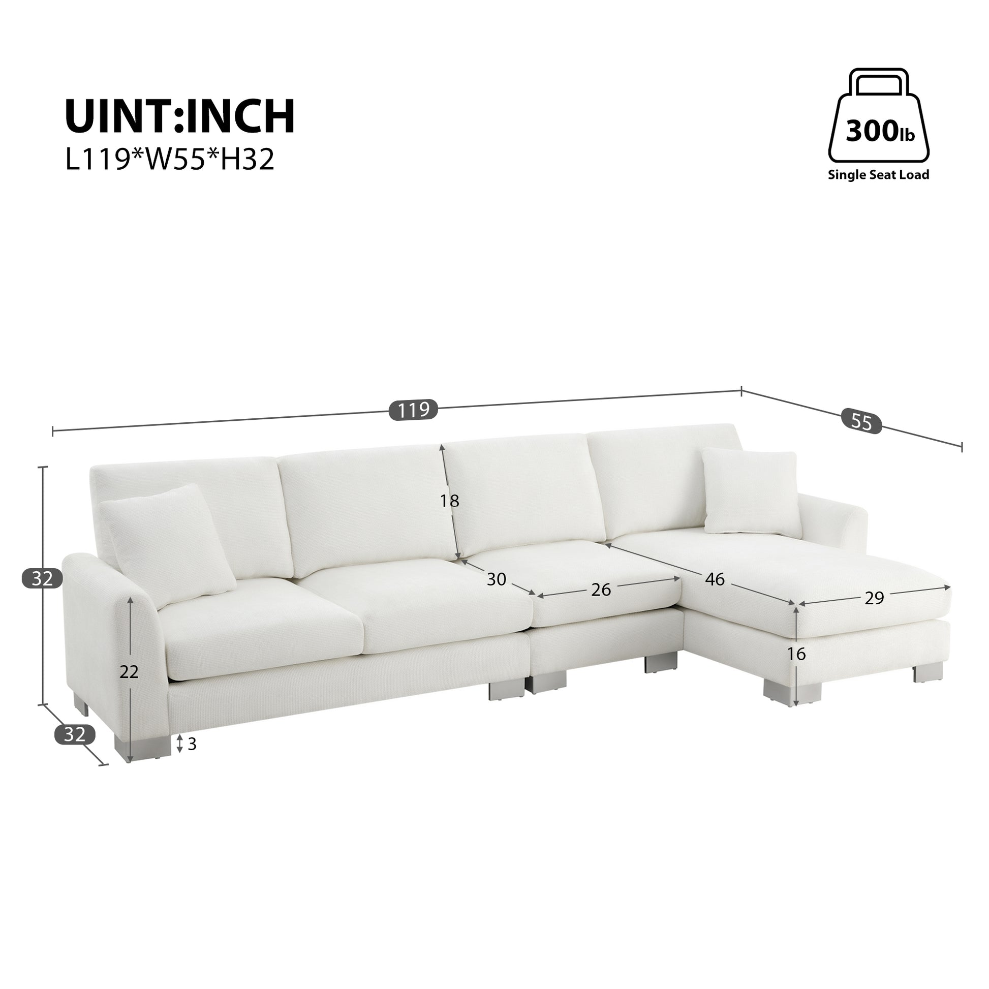 119*55" Modern Oversized Sectional Sofa,L Shaped Luxury Couch Set With 2 Free Pillows,5 Seat Chenille Indoor Furniture With Chaise For Living Room,Apartment,Office,2 Colors White Chenille