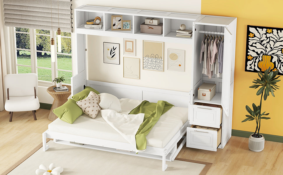 Queen Size Murphy Bed Wall Bed With Closet And Drawers,White Queen White Mdf Lvl