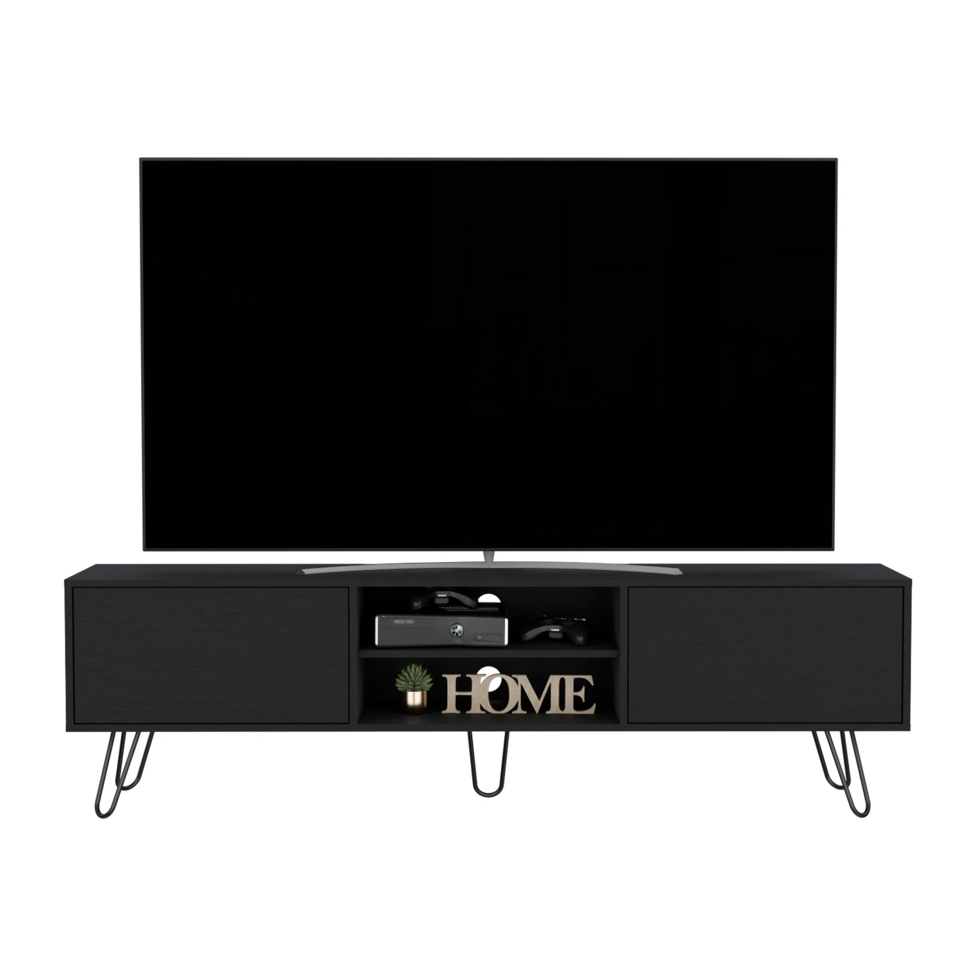 Waco Tv Rack, Hairpin Stand With Spacious Storage And Cable Management Holes, Black Black 50 59 Inches Particle Board Pine