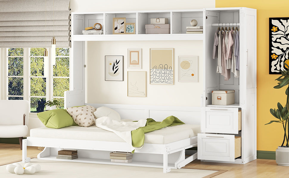 Queen Size Murphy Bed Wall Bed With Closet And Drawers,White Queen White Mdf Lvl