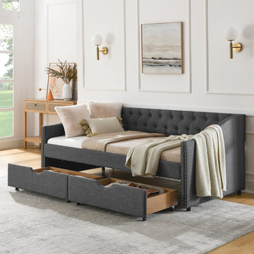 Twin Size Daybed With Drawers Upholstered Tufted Sofa Bed, With Button On Back And Copper Nail On Waved Shape Arms 81.5''X4''X30.5'' Dark Grey Linen