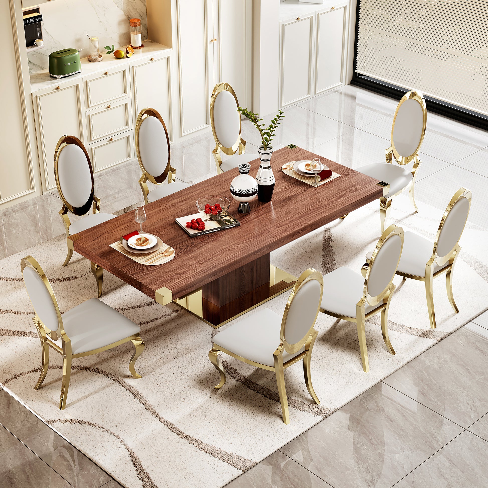 Mdf Top Dining Table With Gold Finish Corner, Mdf Pillar And Gold Finish Stainless Steel Base Walnut Brown Mdf