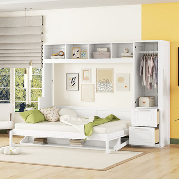 Queen Size Murphy Bed Wall Bed With Closet And Drawers,White Queen White Mdf Lvl